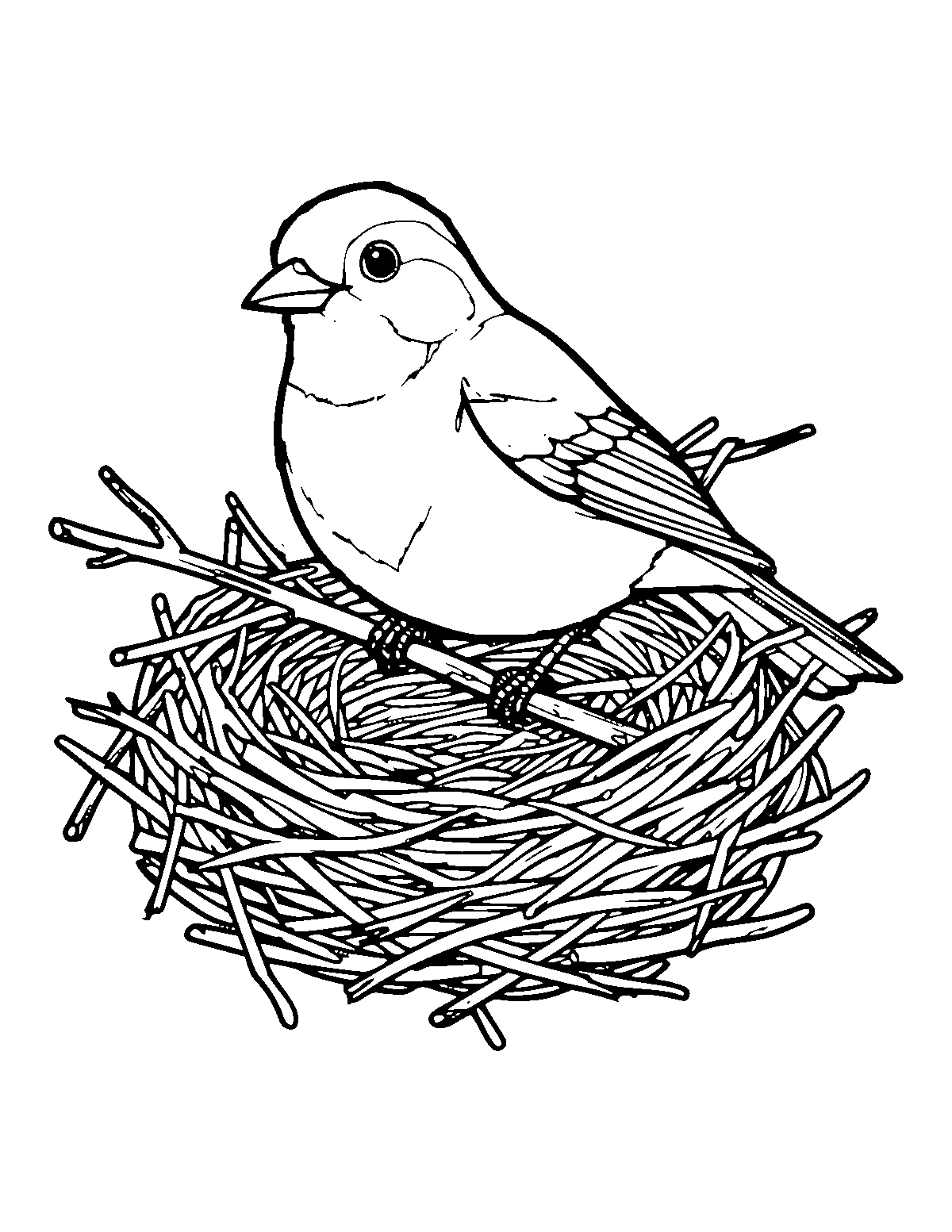 Line-art coloring page of Nest Building Bird, nest building, medium outlines, centered