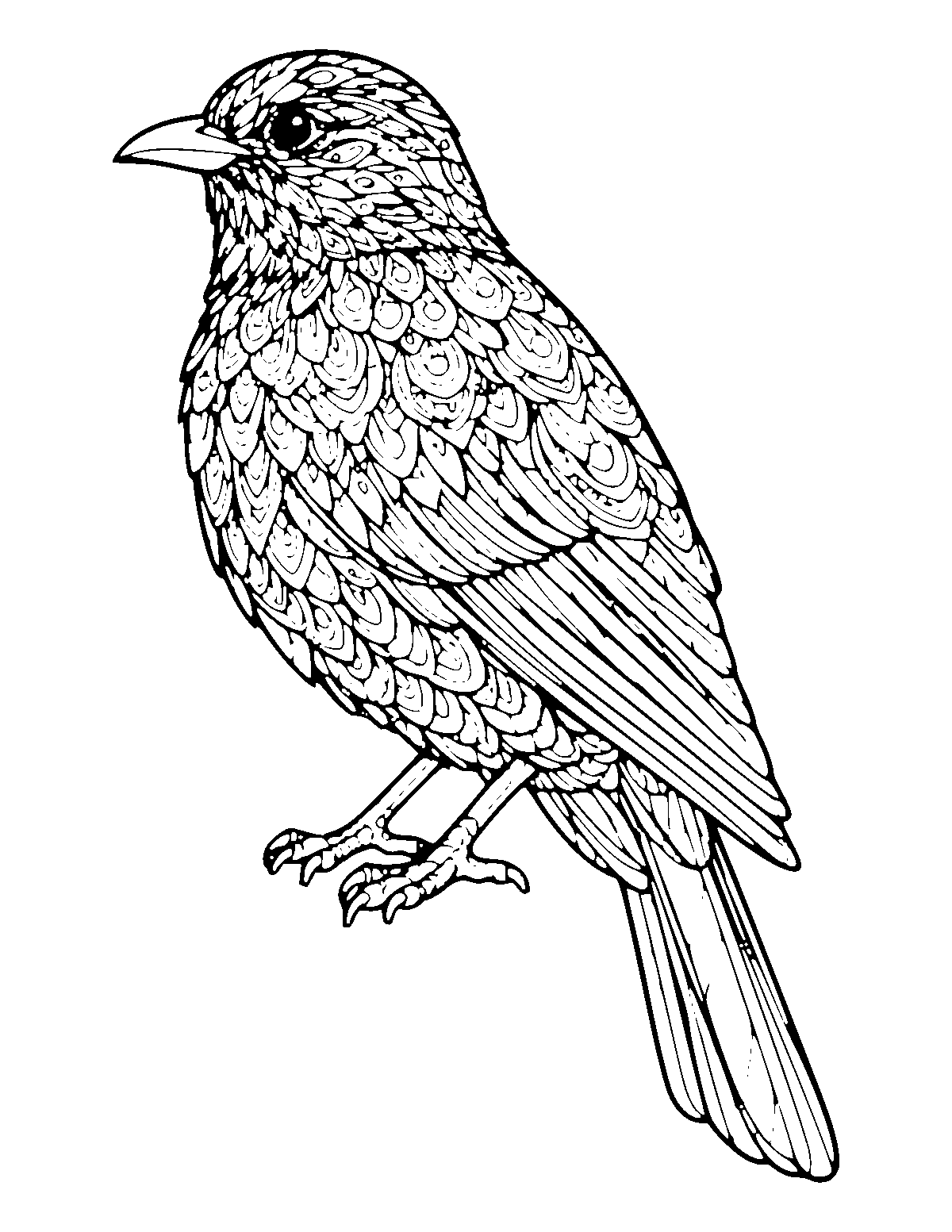 Line-art coloring page of Ornate Feathers Bird, ornate feathers, fine outlines, centered