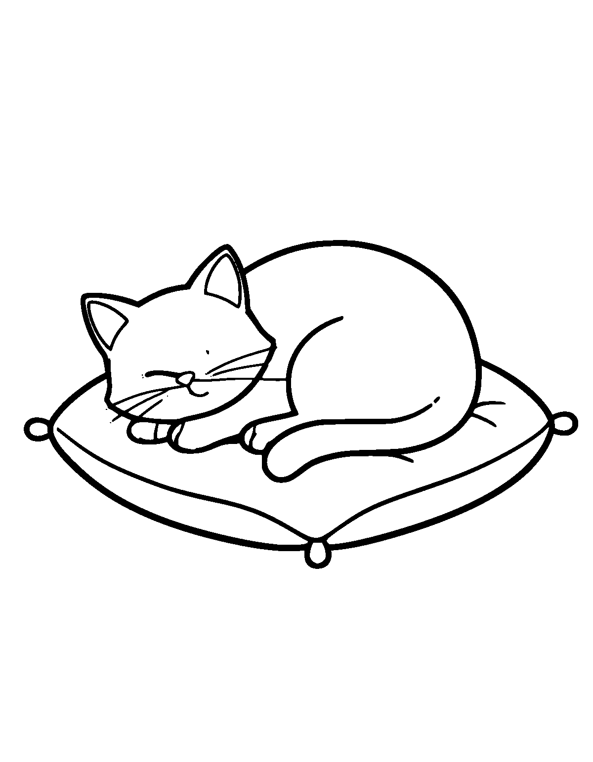 Line-art coloring page of Sleepy Cushion Cat, sleepy cushion, thick outlines, centered