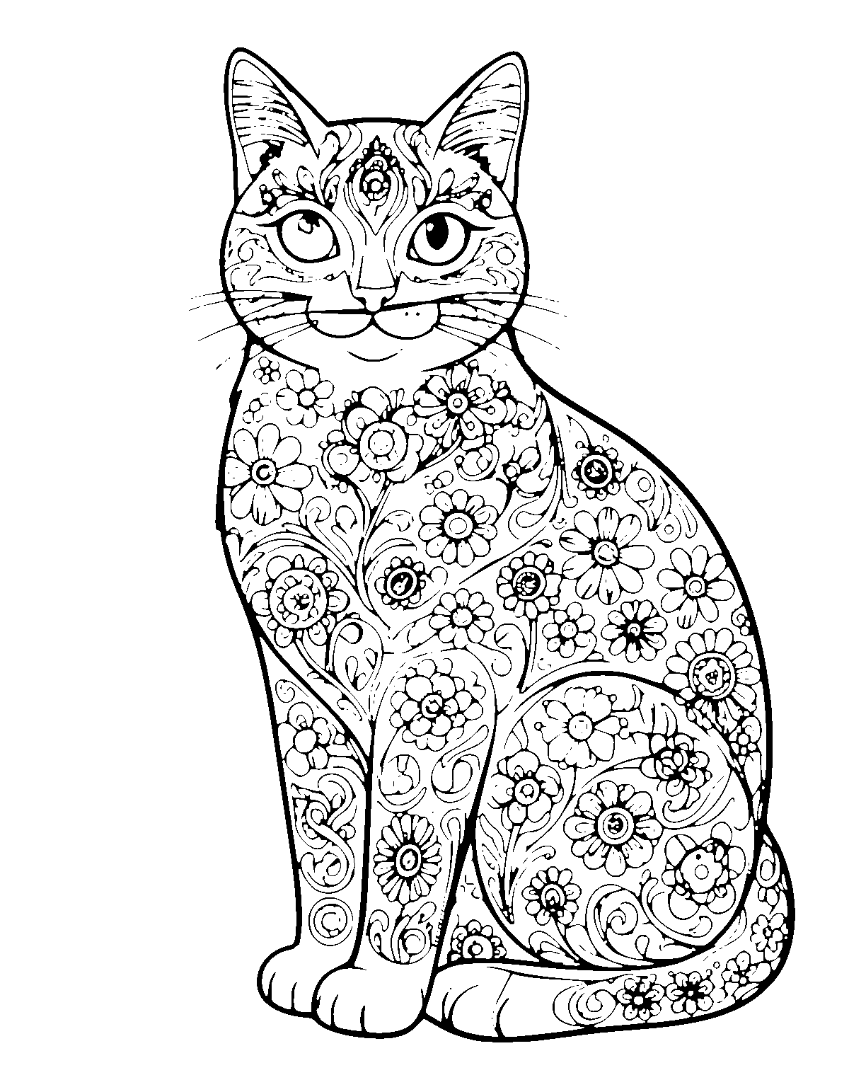 Line-art coloring page of Folk Art Cat, folk art, fine outlines, centered