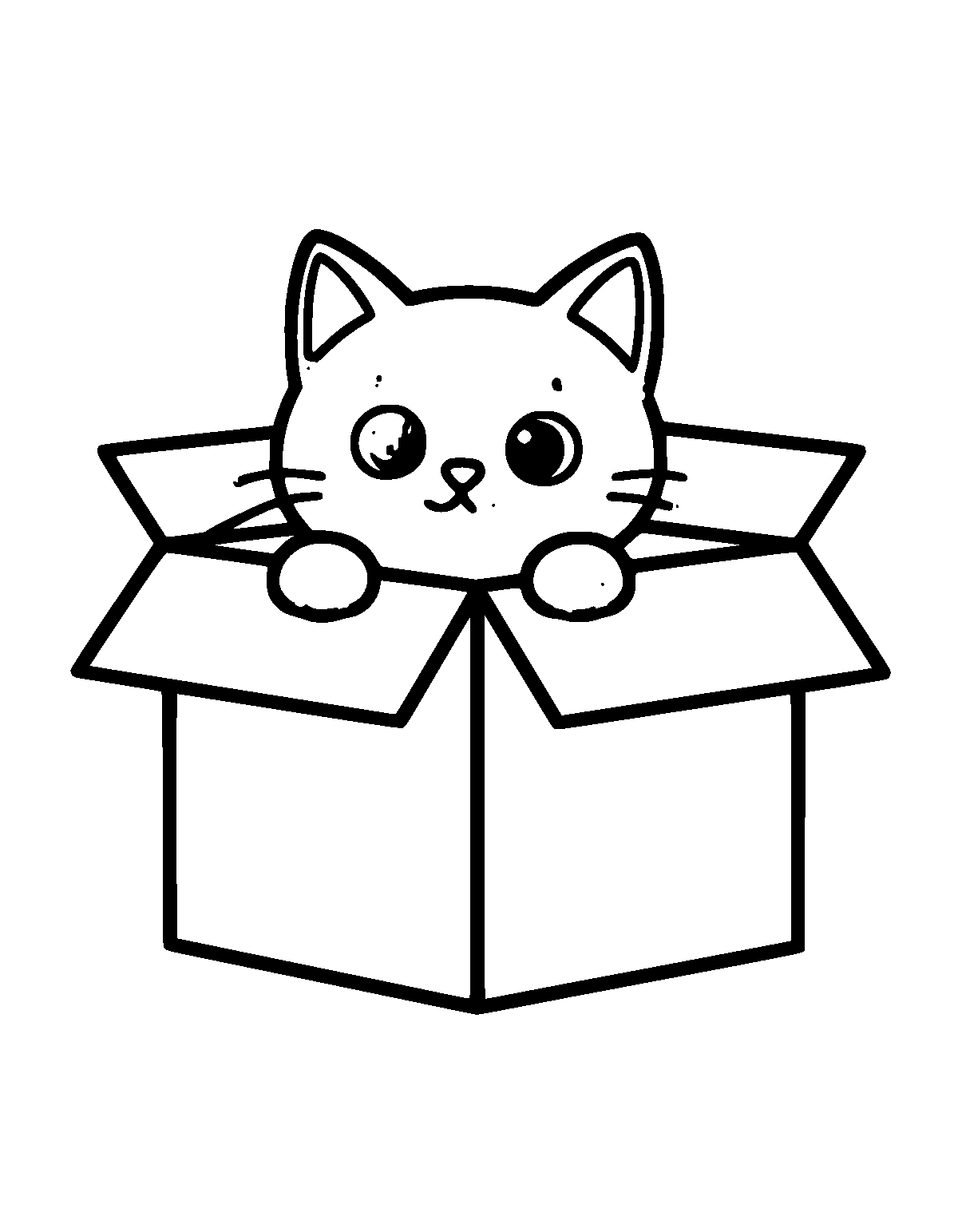 Line-art coloring page of Cardboard Box Cat, cardboard box, thick outlines, centered