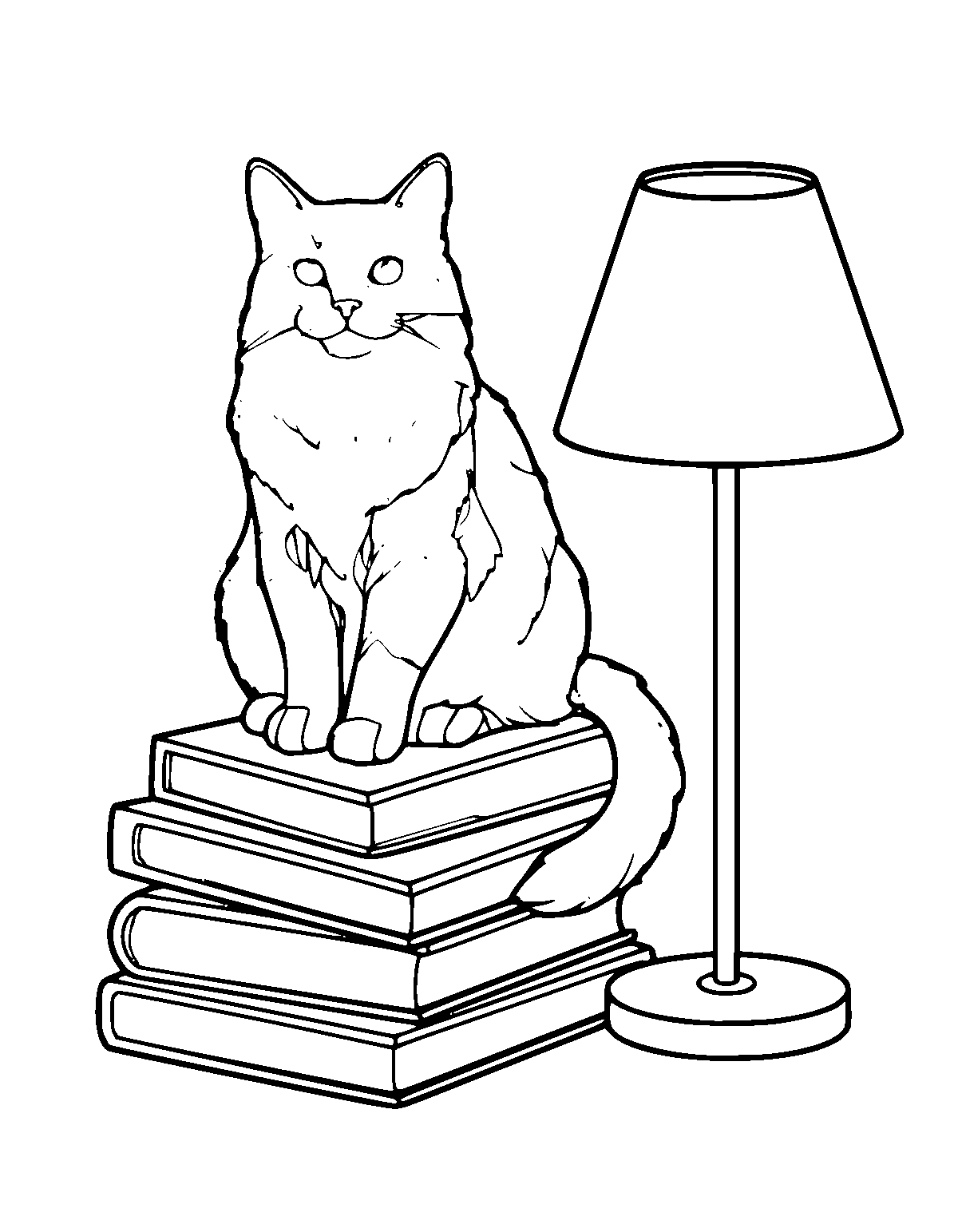 Line-art coloring page of Bookshelf Cat, bookshelf, medium outlines, centered