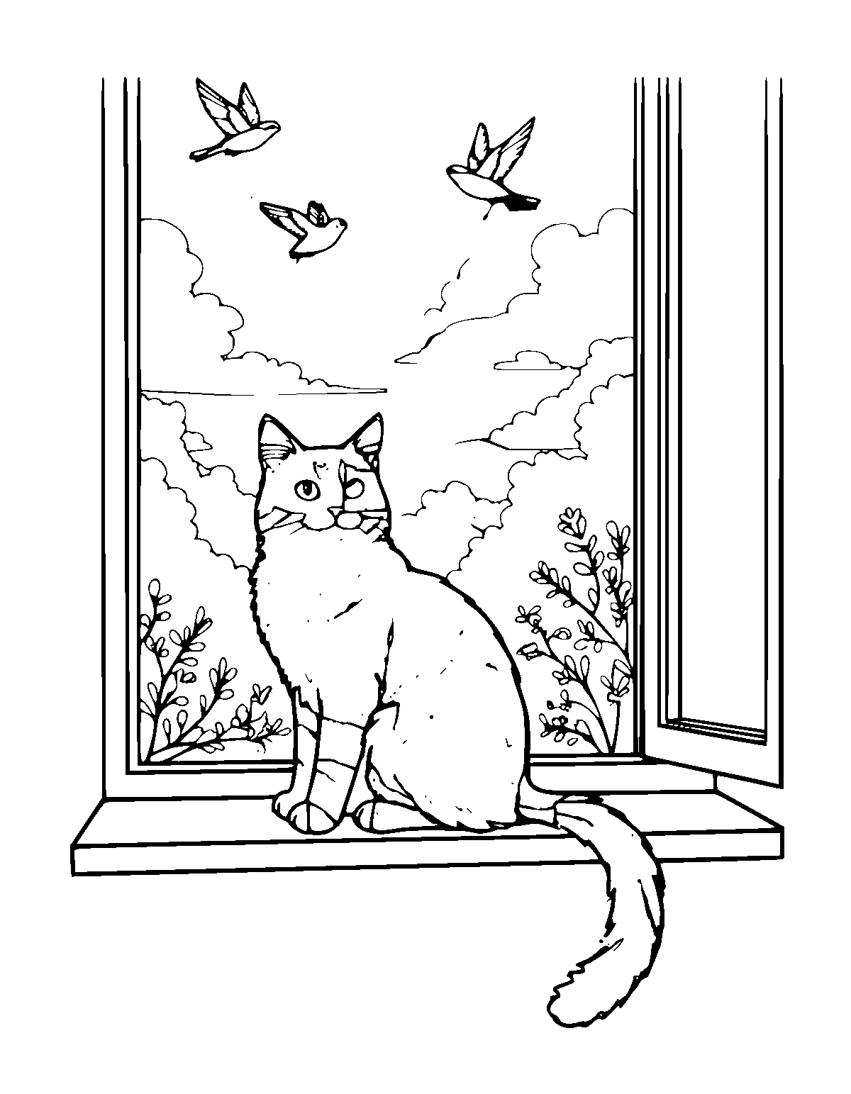 Line-art coloring page of Windowsill Cat, windowsill, medium outlines, centered
