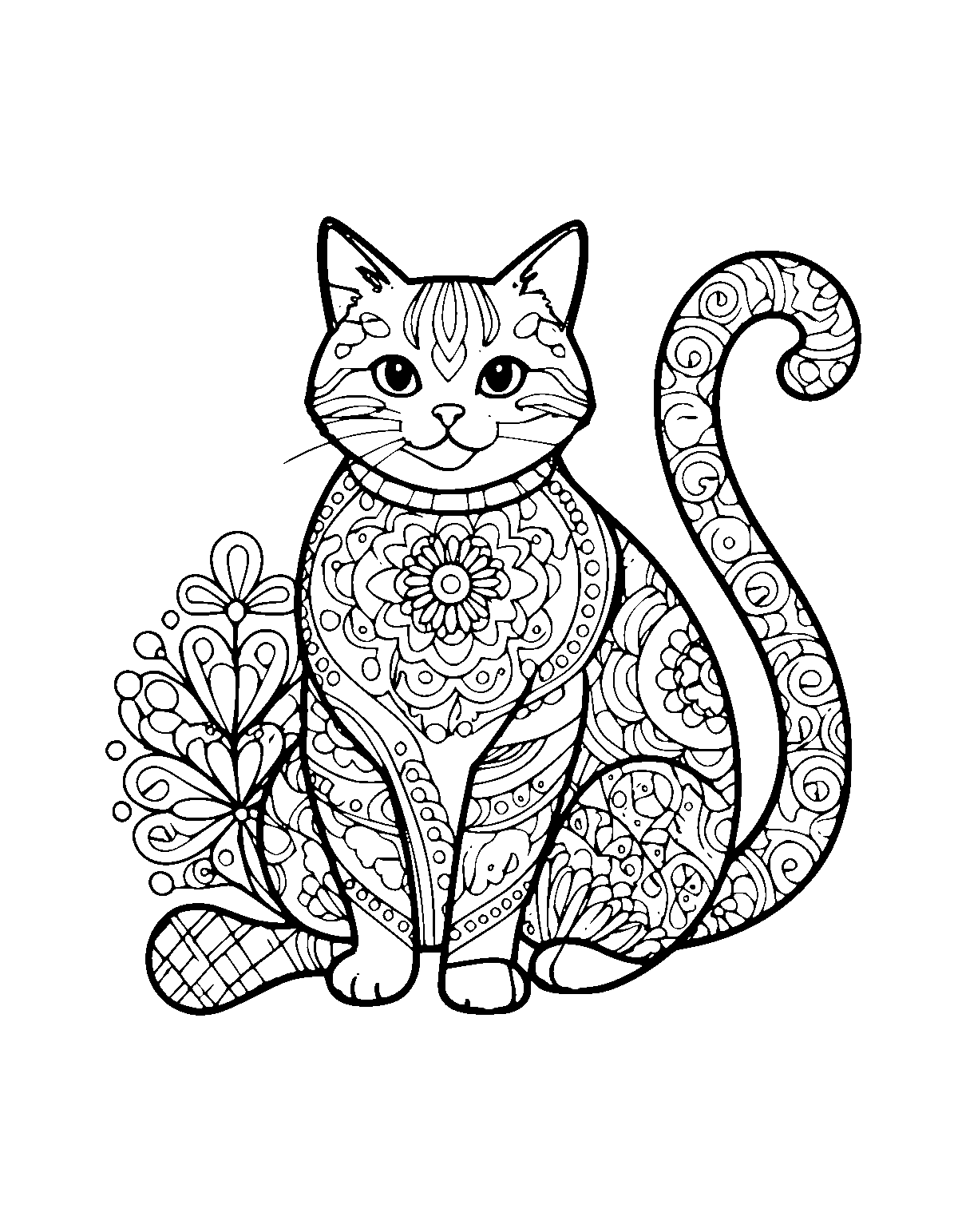 Line-art coloring page of Decorative Cat, decorative, medium outlines, centered