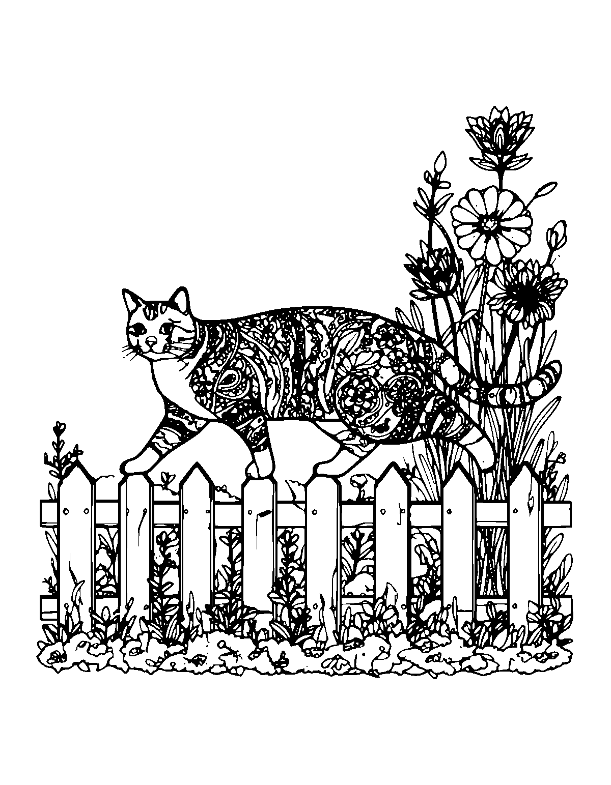 Line-art coloring page of Garden Fence Cat, garden fence, medium outlines, centered