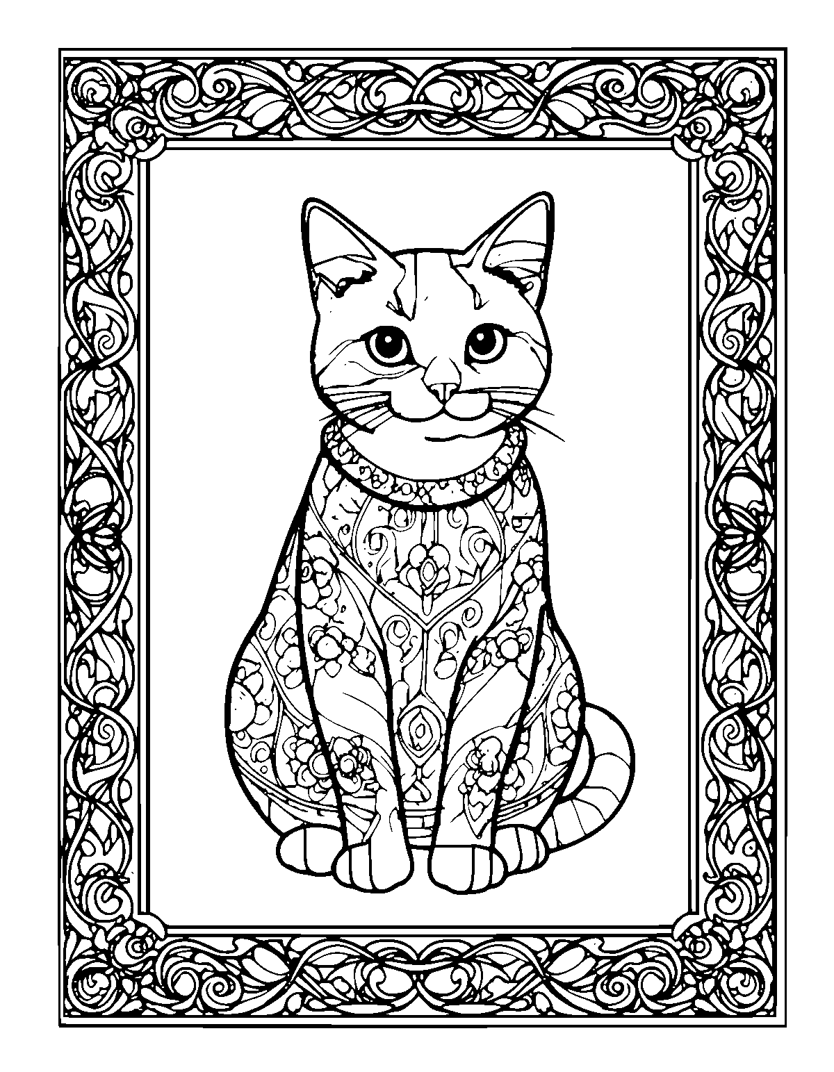 Line-art coloring page of Framed Cat, framed, medium outlines, centered