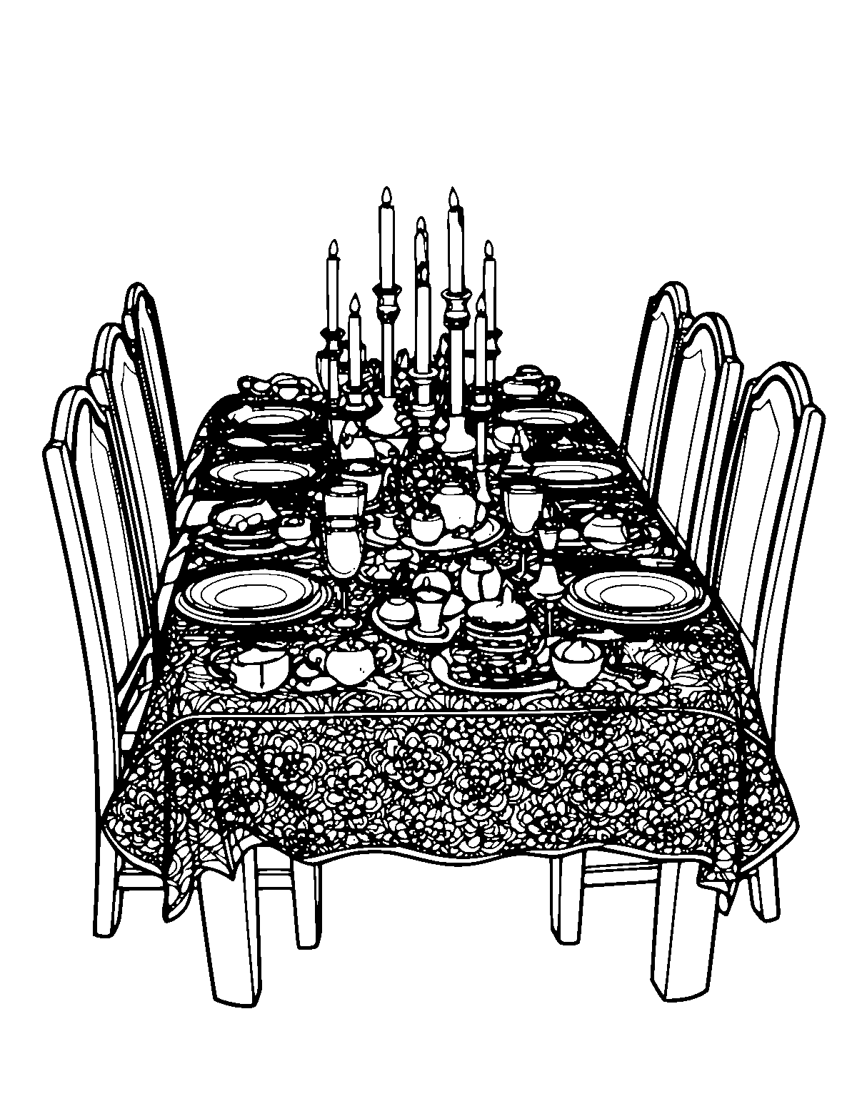 Line-art coloring page of Dinner Table Christmas, dinner table, medium outlines, centered
