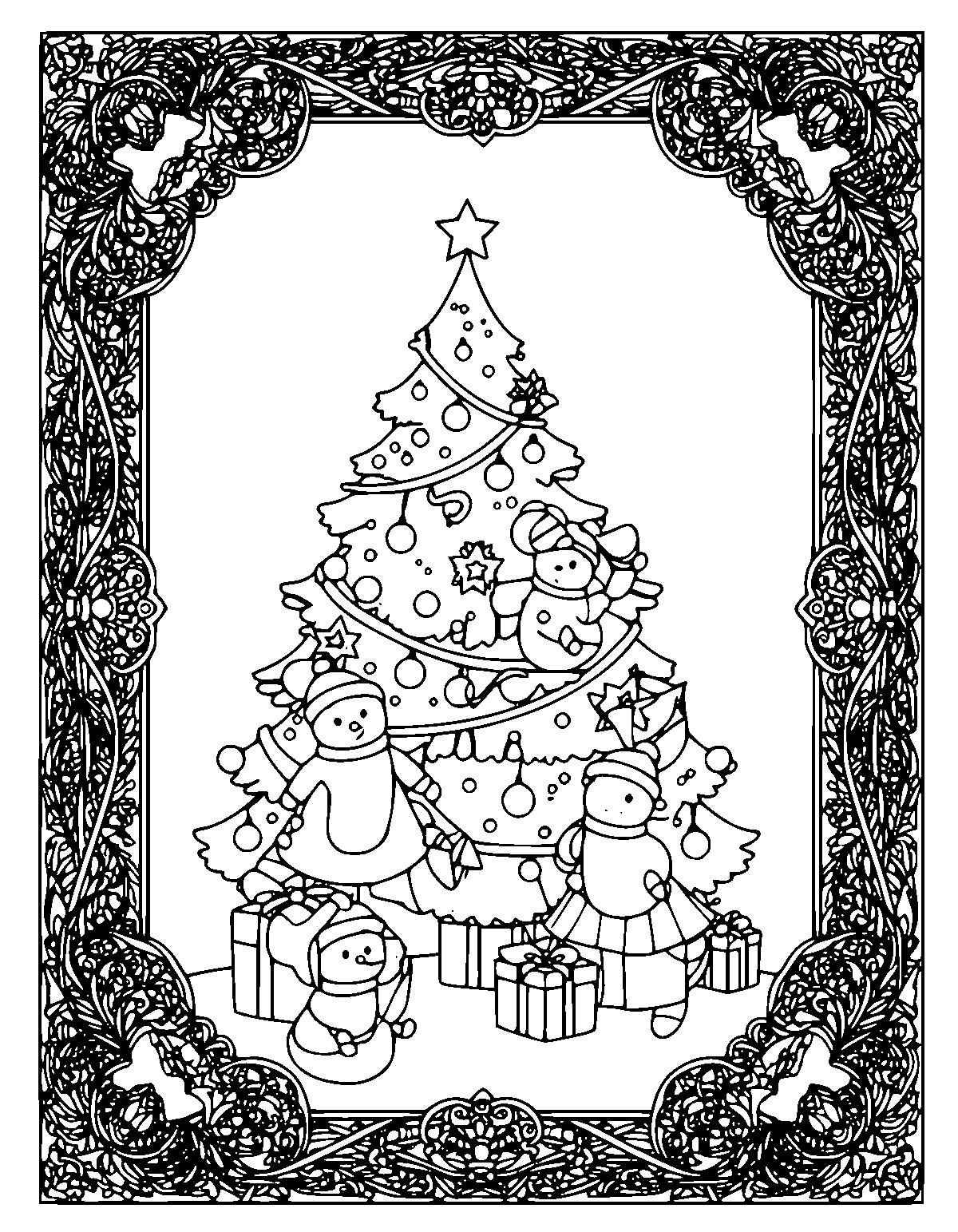 Line-art coloring page of Framed Christmas, framed, medium outlines, centered