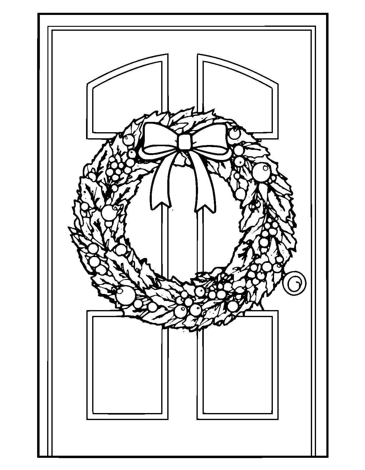 Line-art coloring page of Front Door Wreath Christmas, front door wreath, medium outlines, centered