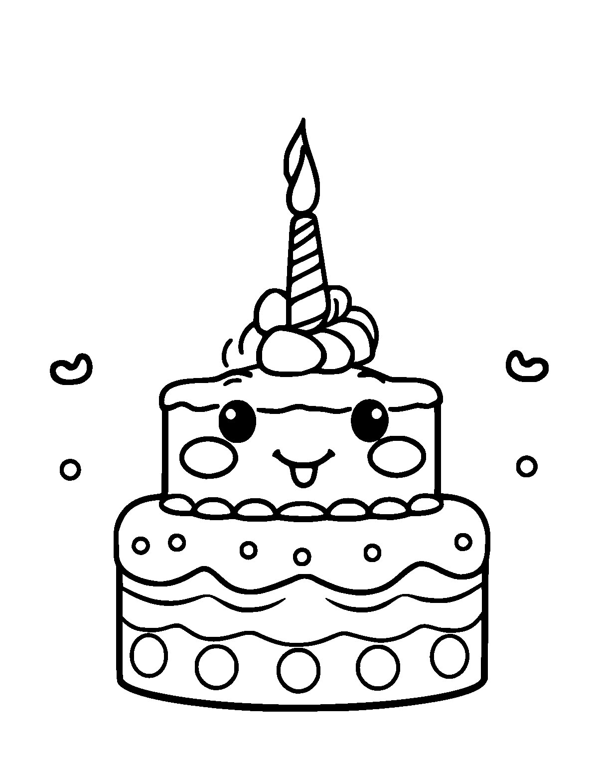 Line-art coloring page of Cute Cartoon Birthday, cute cartoon, thick outlines, centered