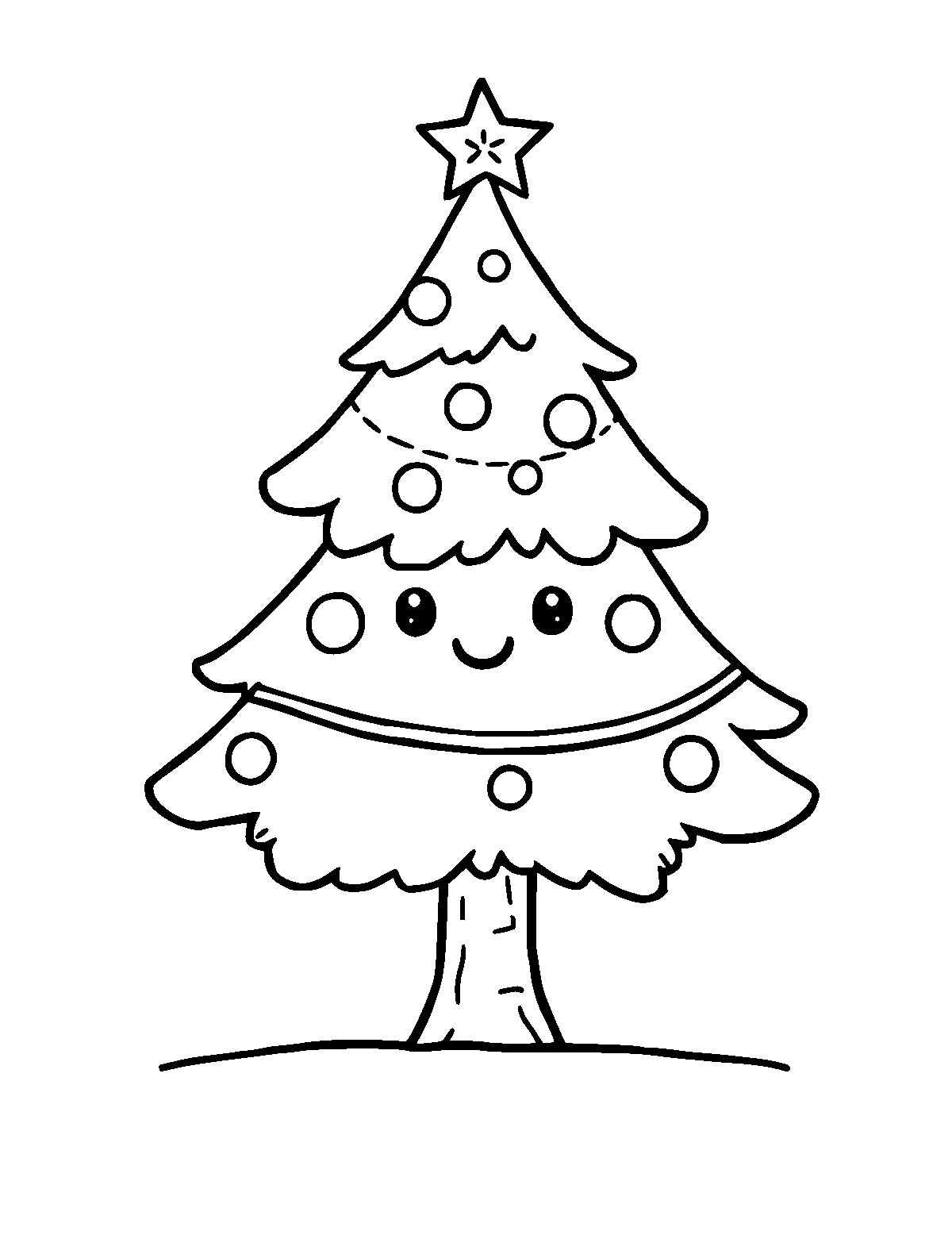 Line-art coloring page of Cute Cartoon Christmas Tree, cute cartoon, thick outlines, centered