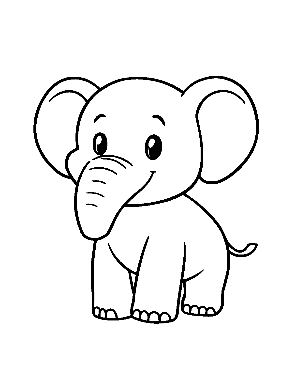 Line-art coloring page of Cute Cartoon Elephant, cute cartoon, thick outlines, centered