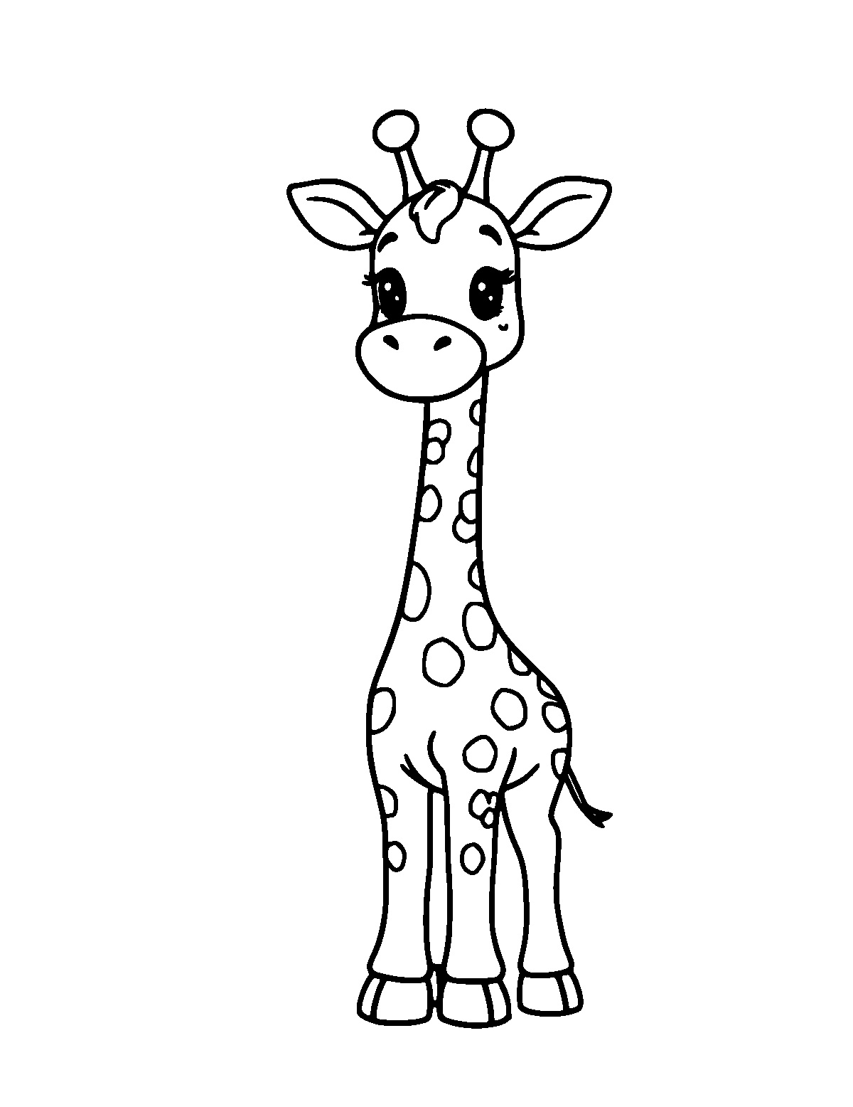 Line-art coloring page of Cute Cartoon Giraffe, cute cartoon, medium outlines, centered
