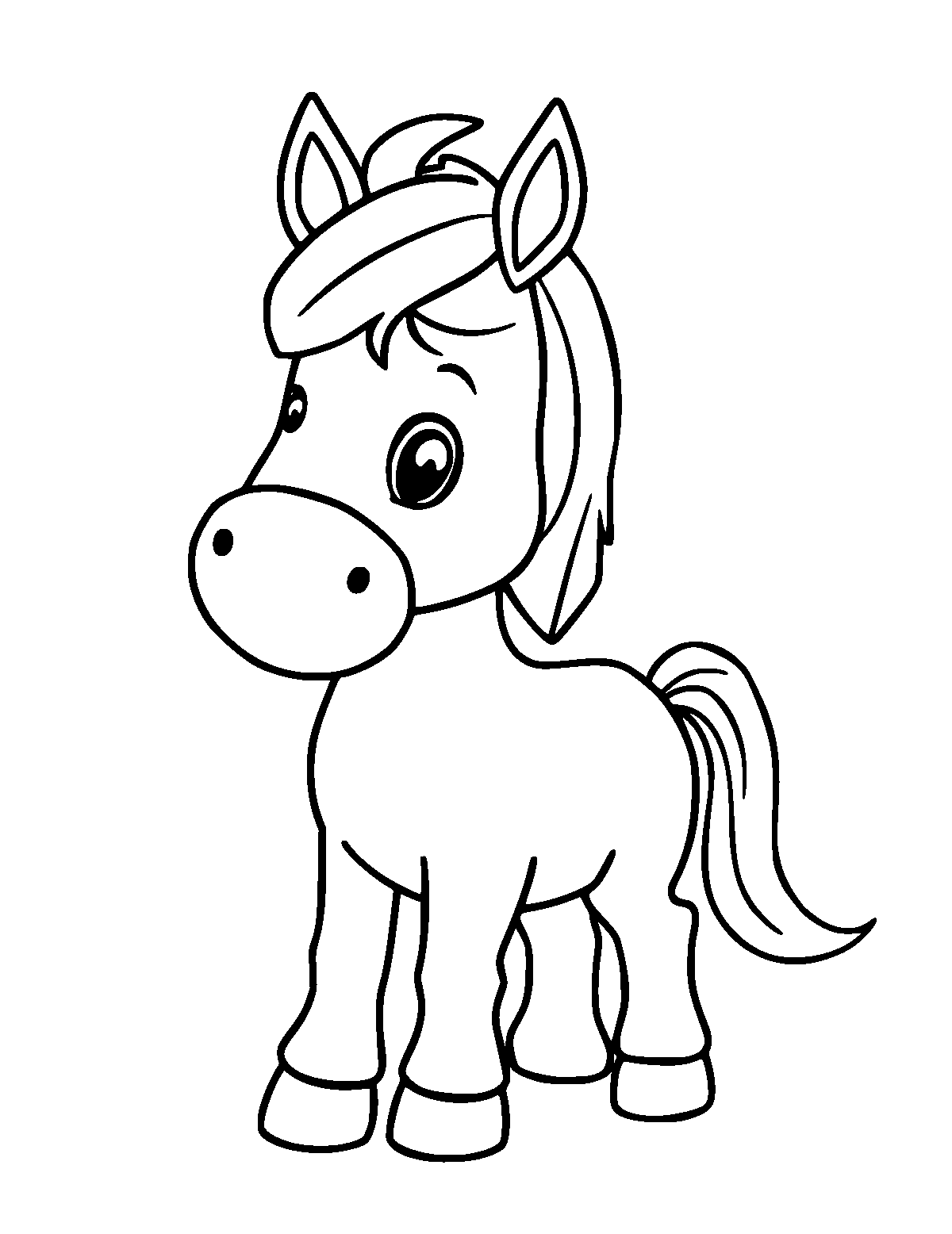 Line-art coloring page of Cute Cartoon Horse, cute cartoon, thick outlines, centered