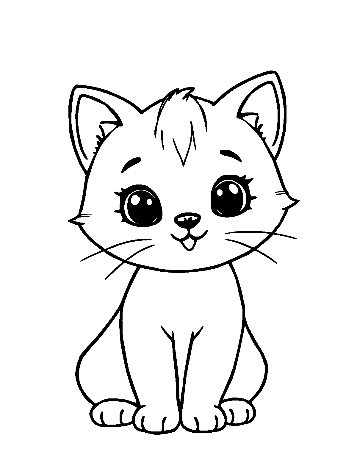 Line-art coloring page of Cute Cartoon Kitten, cute cartoon, thick outlines, centered