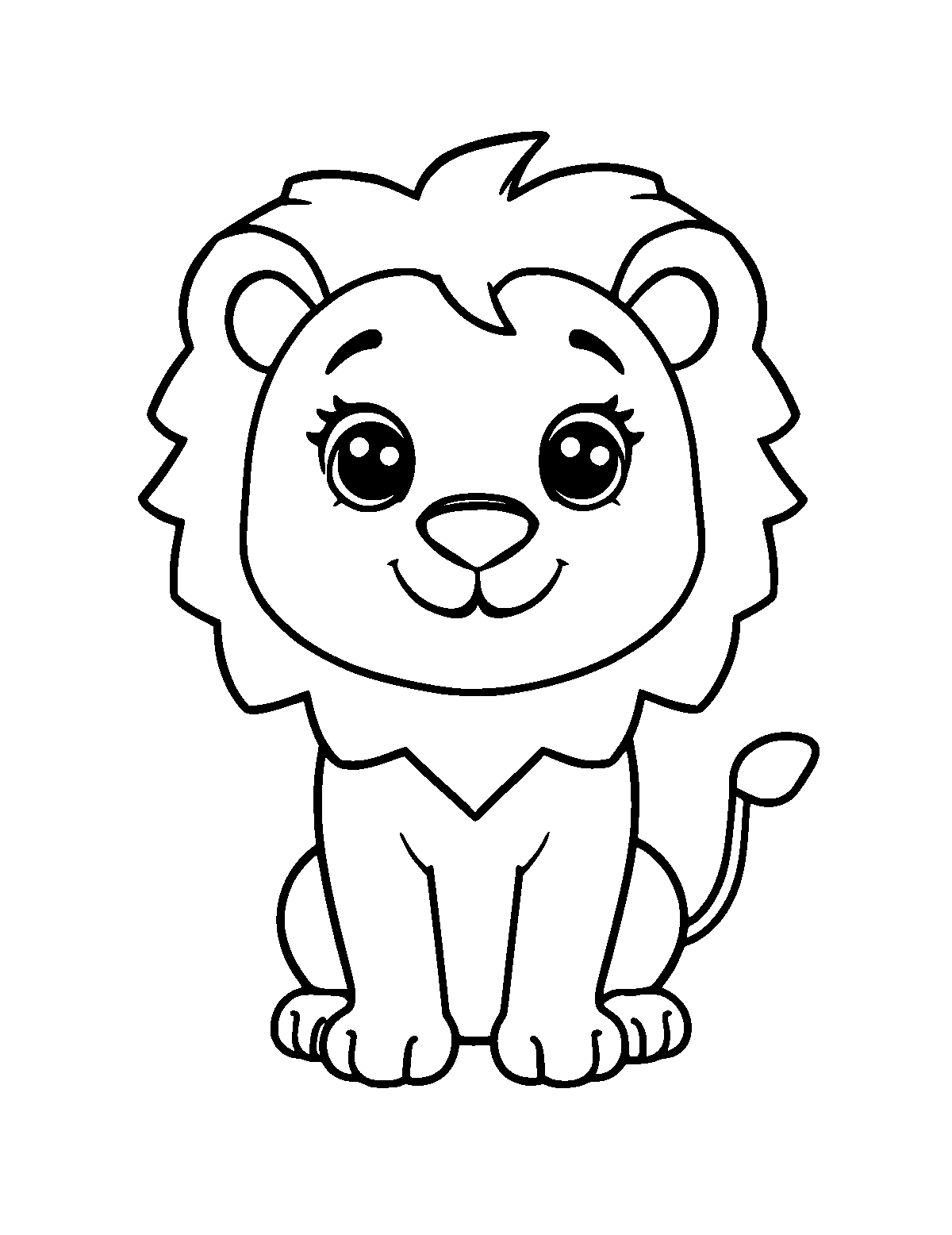 Line-art coloring page of Cute Cartoon Lion, cute cartoon, thick outlines, centered