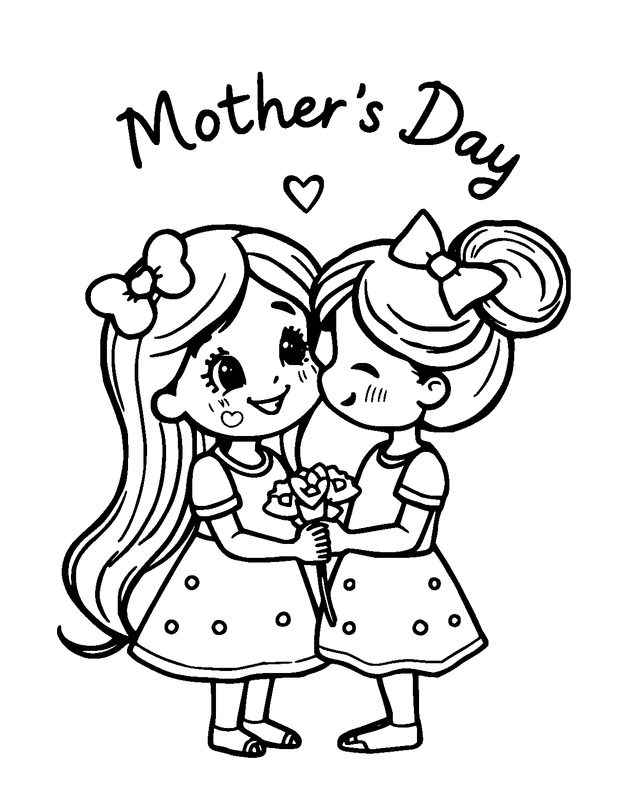 Line-art coloring page of Cute Cartoon Mother's Day, cute cartoon, thick outlines, centered