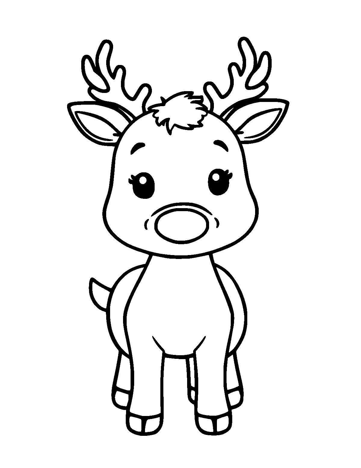 Line-art coloring page of Cute Cartoon Reindeer, cute cartoon, thick outlines, centered