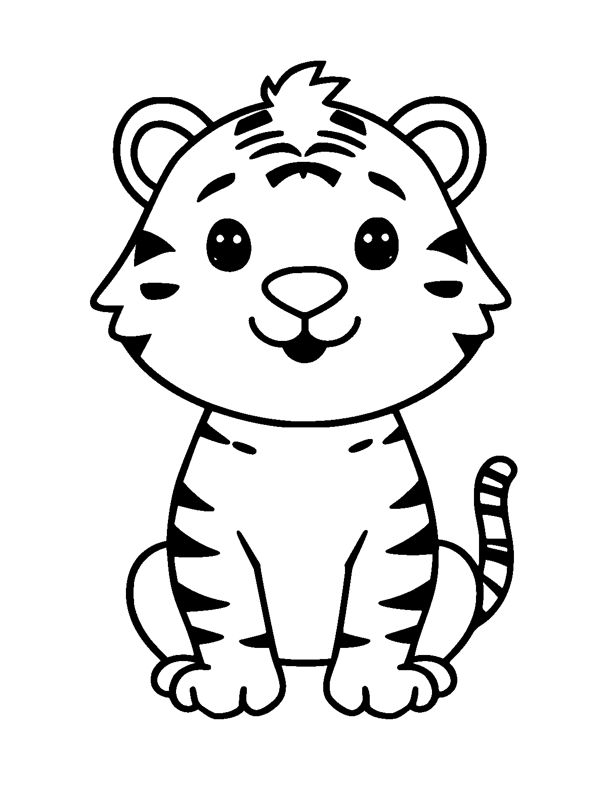 Line-art coloring page of Cute Cartoon Tiger, cute cartoon, thick outlines, centered