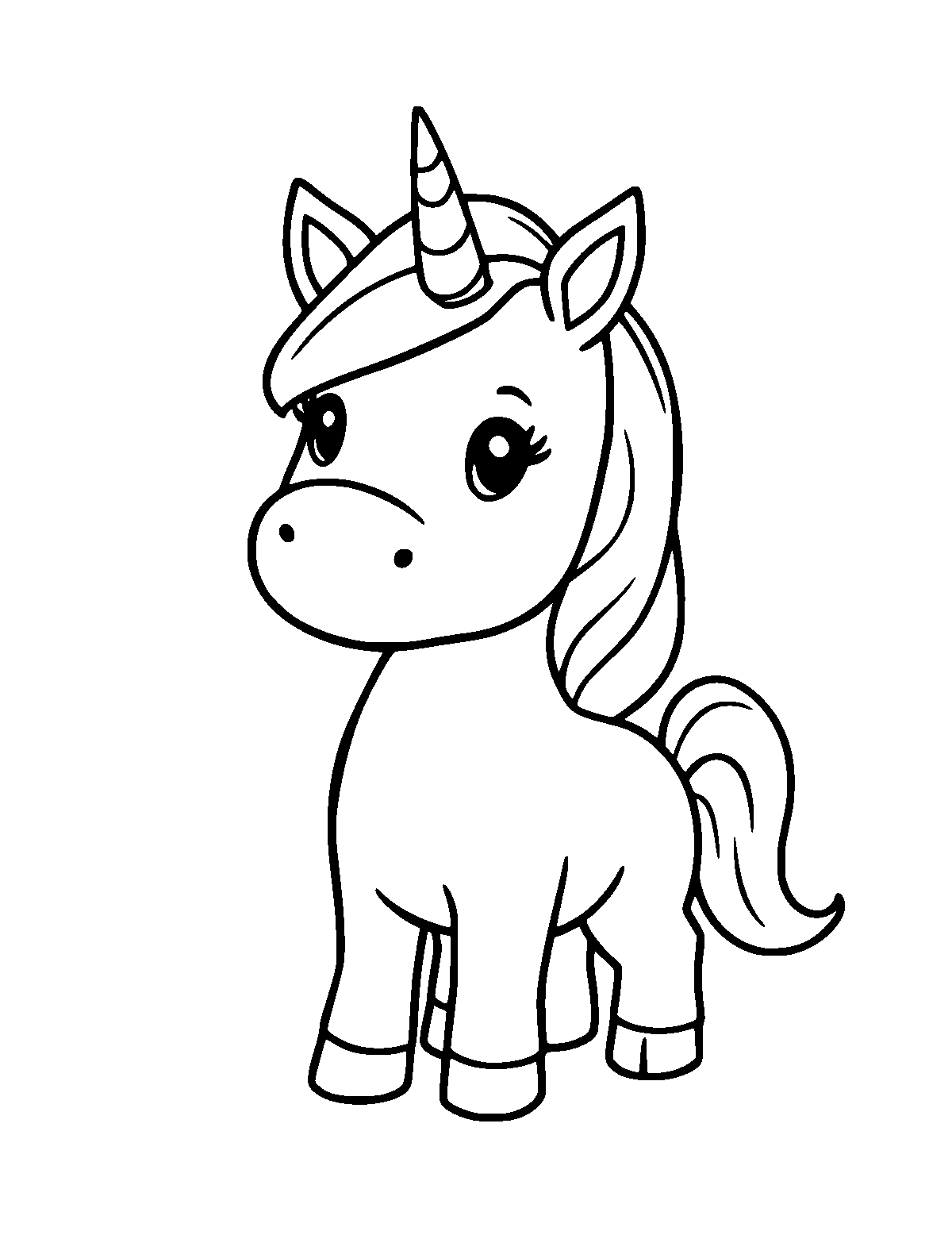 Line-art coloring page of Cute Cartoon Unicorn, cute cartoon, thick outlines, centered