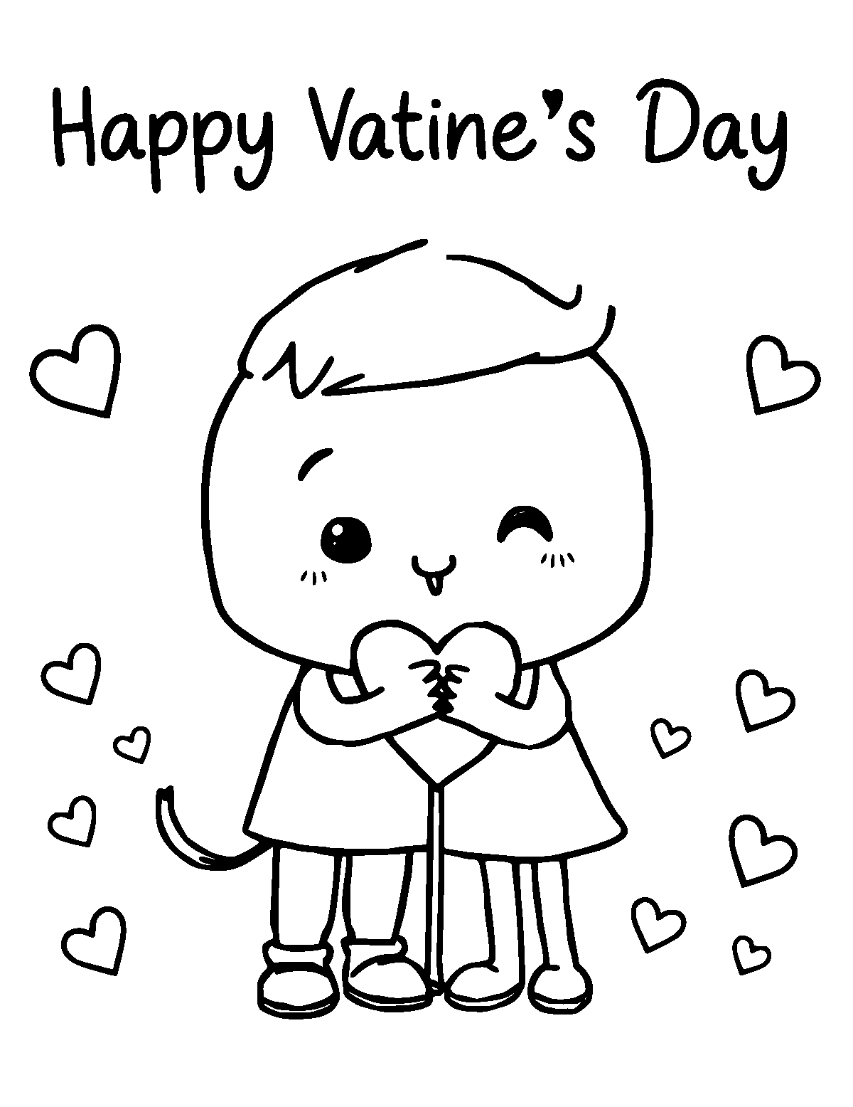 Line-art coloring page of Cute Cartoon Valentine's Day, cute cartoon, thick outlines, centered
