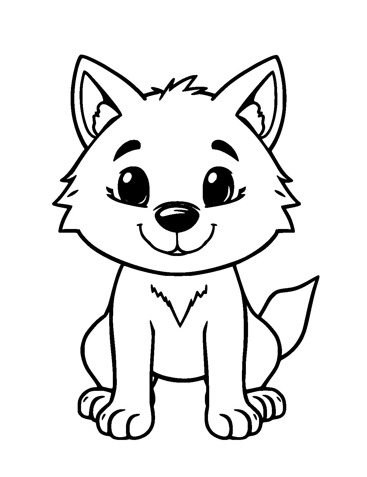 Line-art coloring page of Cute Cartoon Wolf, cute cartoon, thick outlines, centered