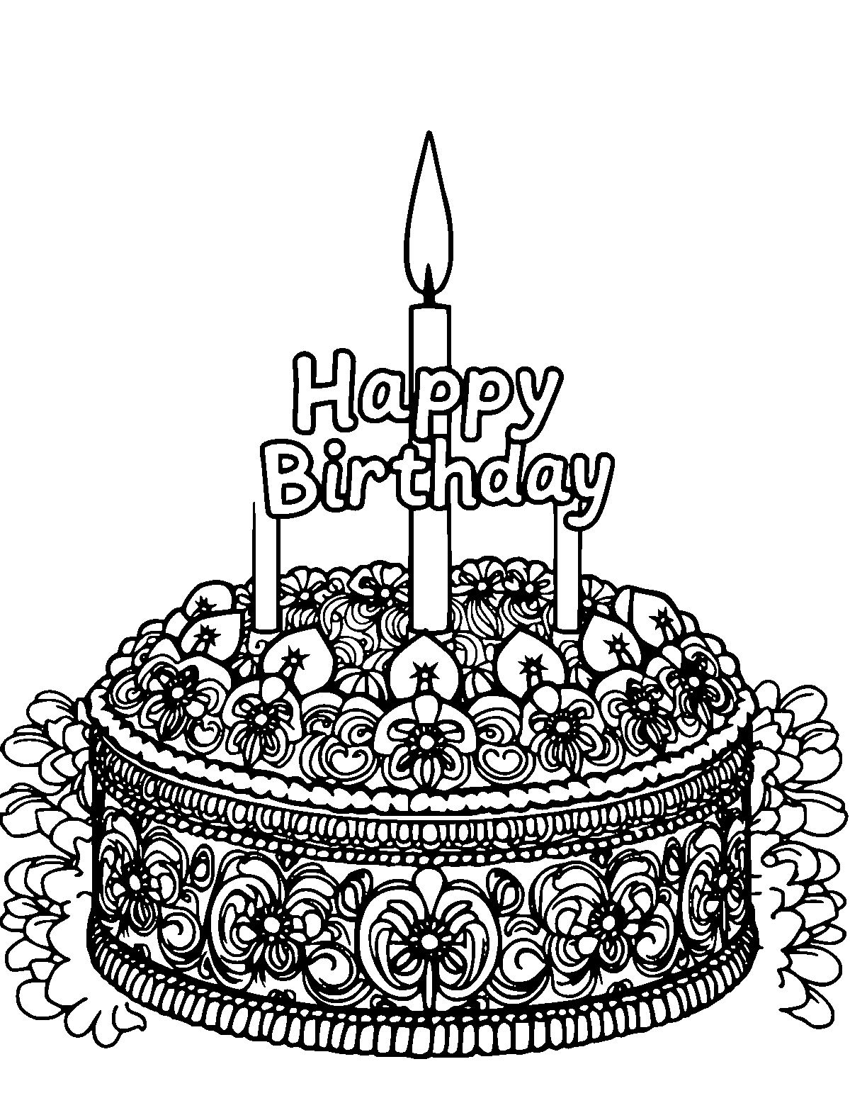 Line-art coloring page of Realistic Birthday, realistic, medium outlines, centered