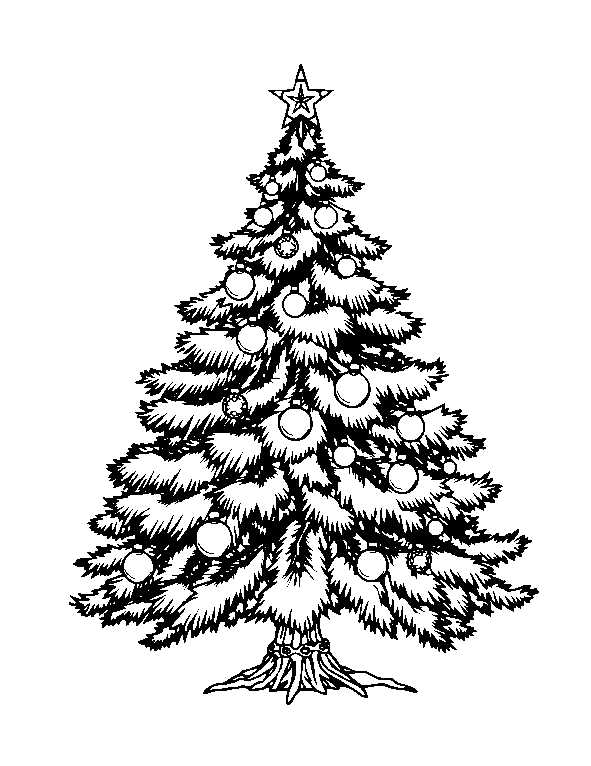 Line-art coloring page of Realistic Christmas Tree, realistic, medium outlines, centered