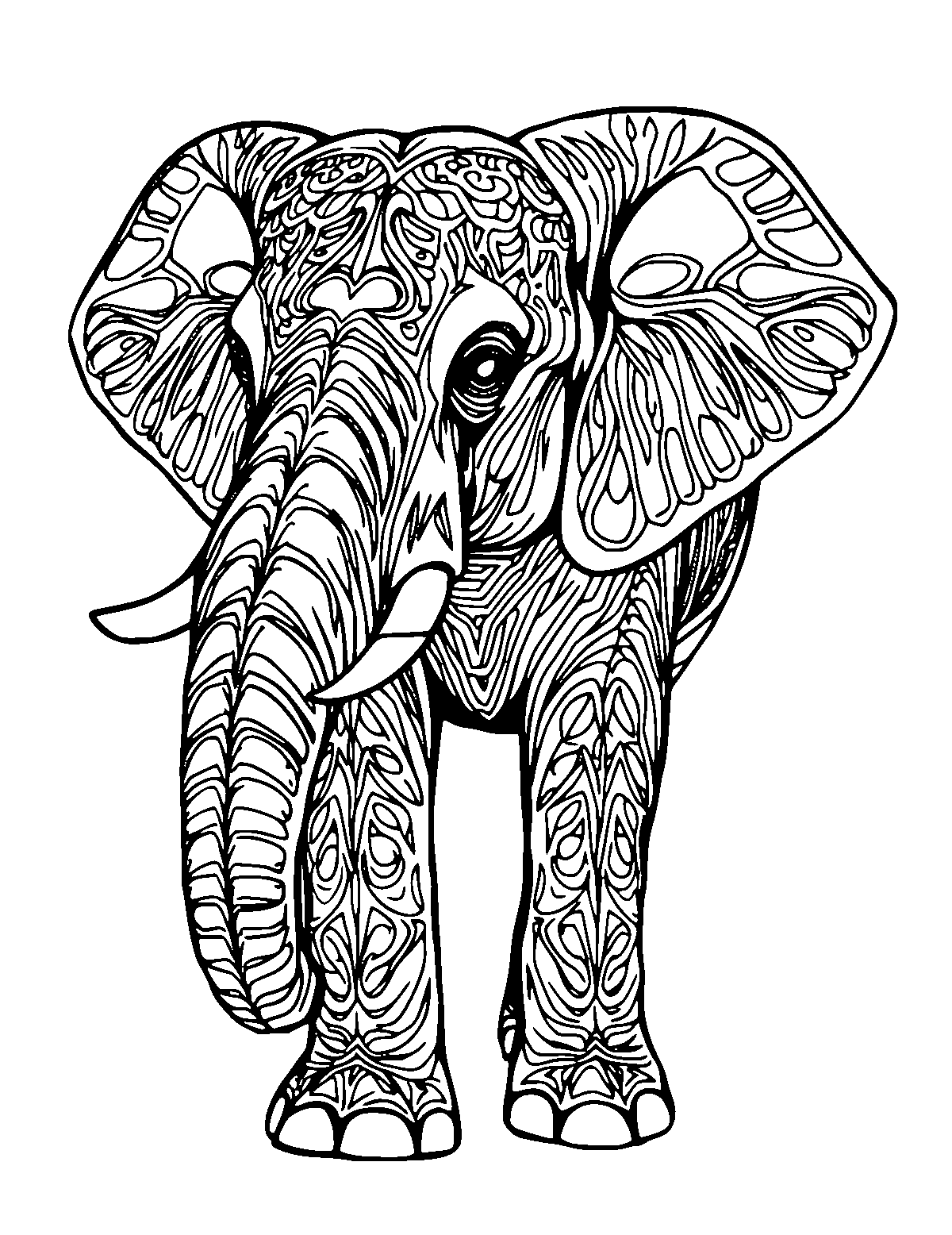 Line-art coloring page of Realistic Elephant, realistic, medium outlines, centered