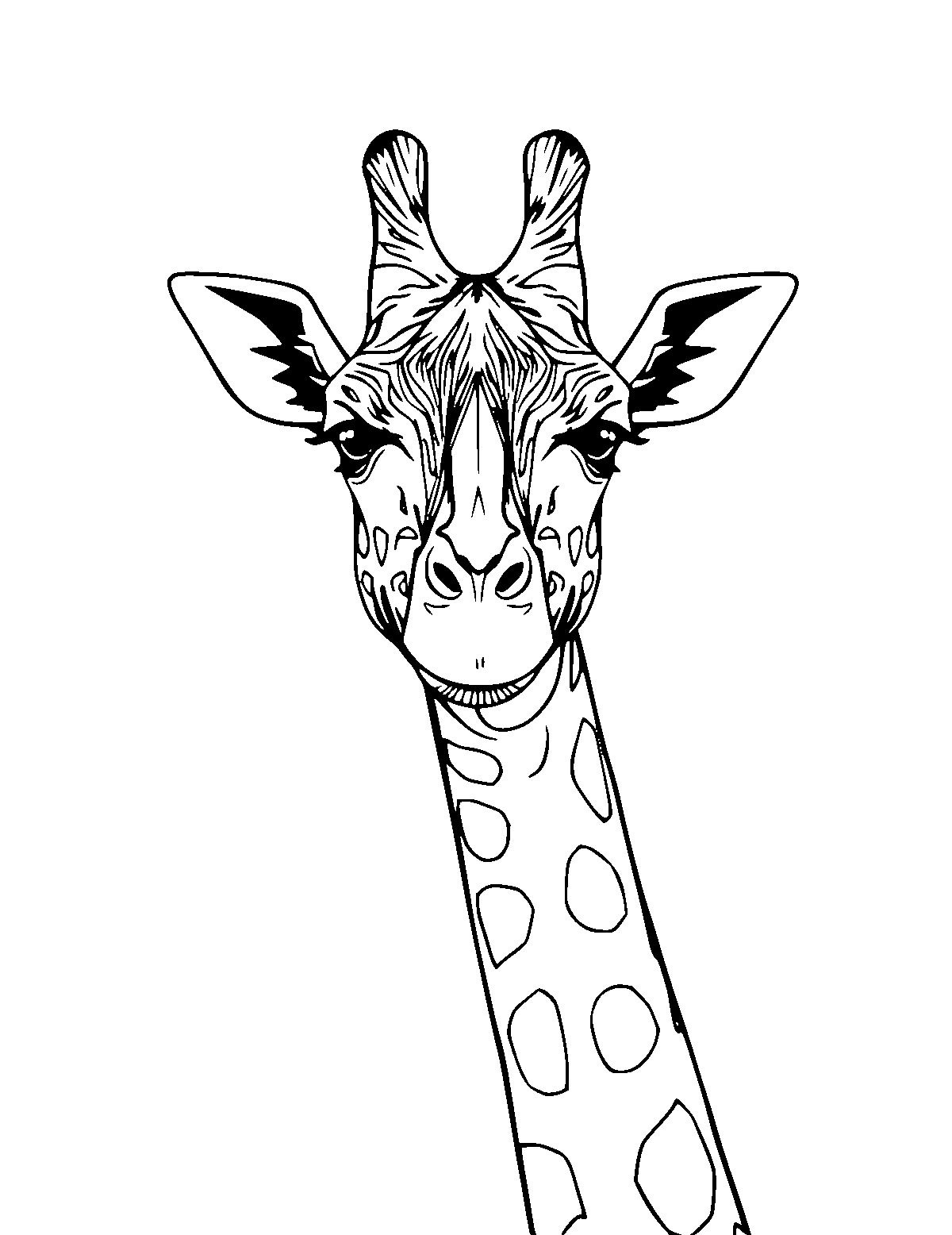 Line-art coloring page of Realistic Giraffe, realistic, medium outlines, centered