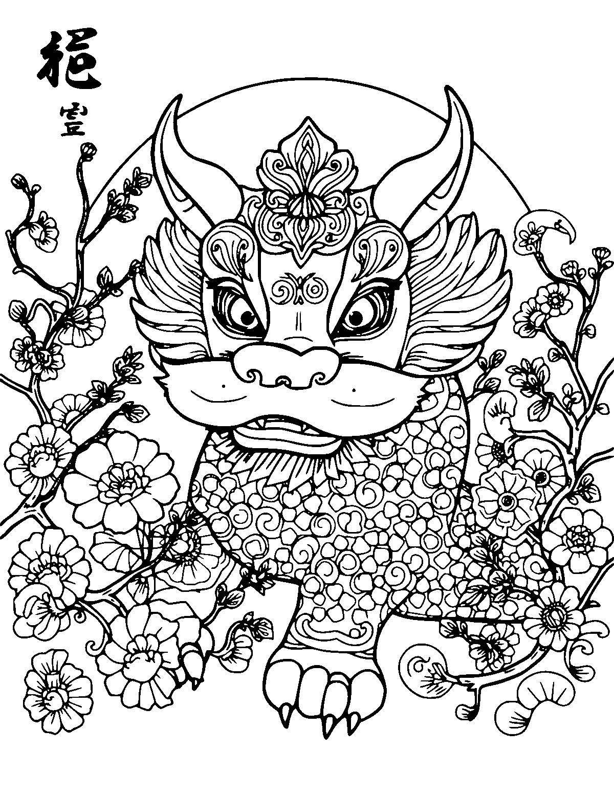Line-art coloring page of Realistic Lunar New Year, realistic, medium outlines, centered