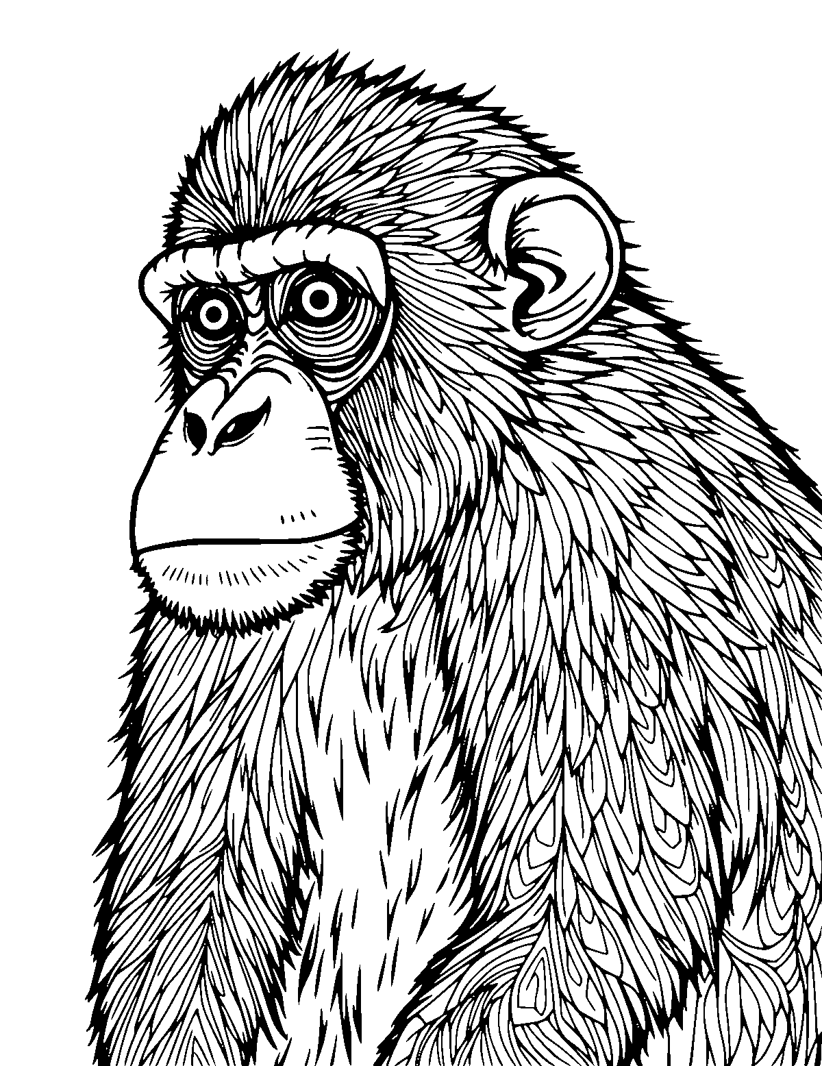 Line-art coloring page of Realistic Monkey, realistic, medium outlines, centered