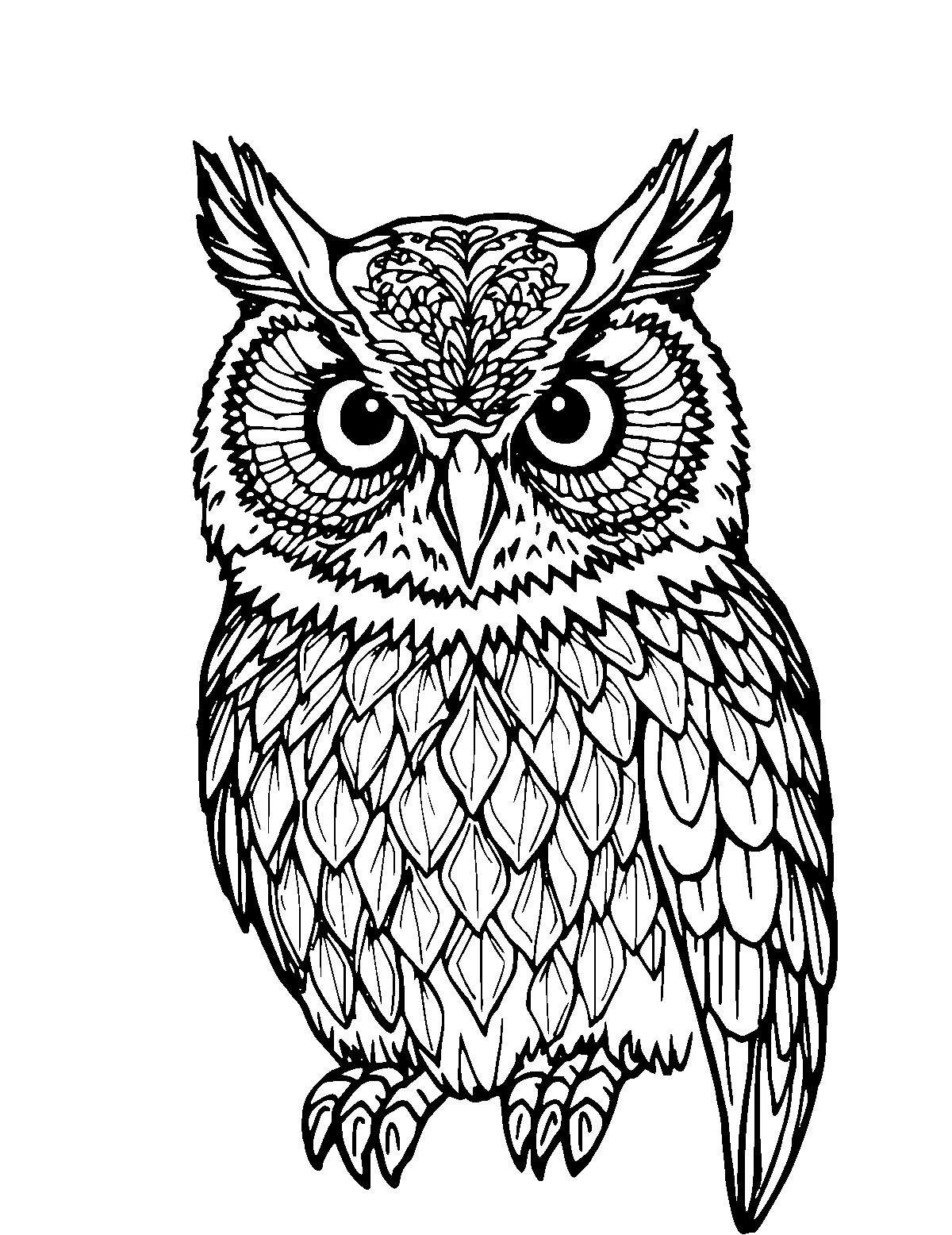 Line-art coloring page of Realistic Owl, realistic, medium outlines, centered