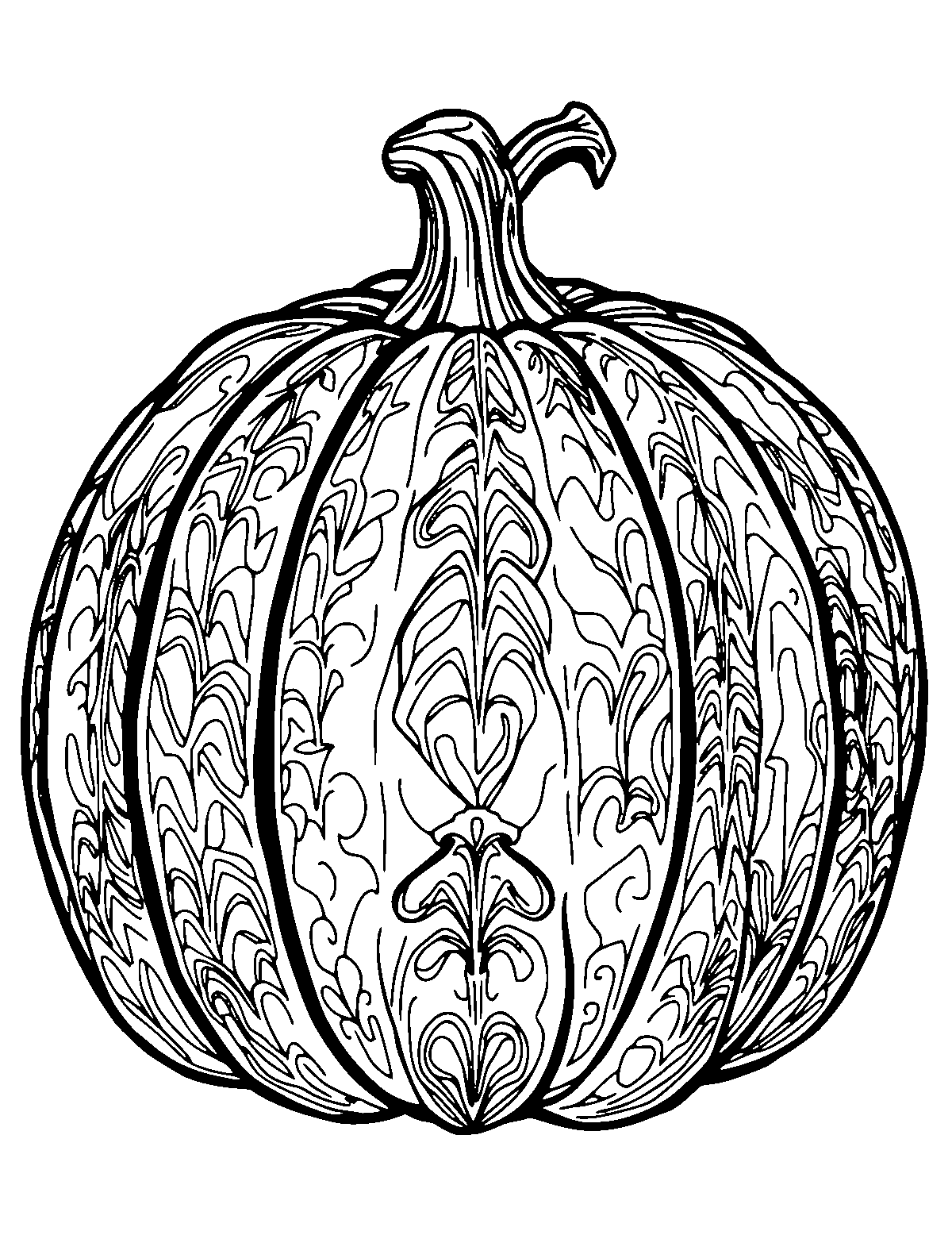 Line-art coloring page of Realistic Pumpkin, realistic, medium outlines, centered