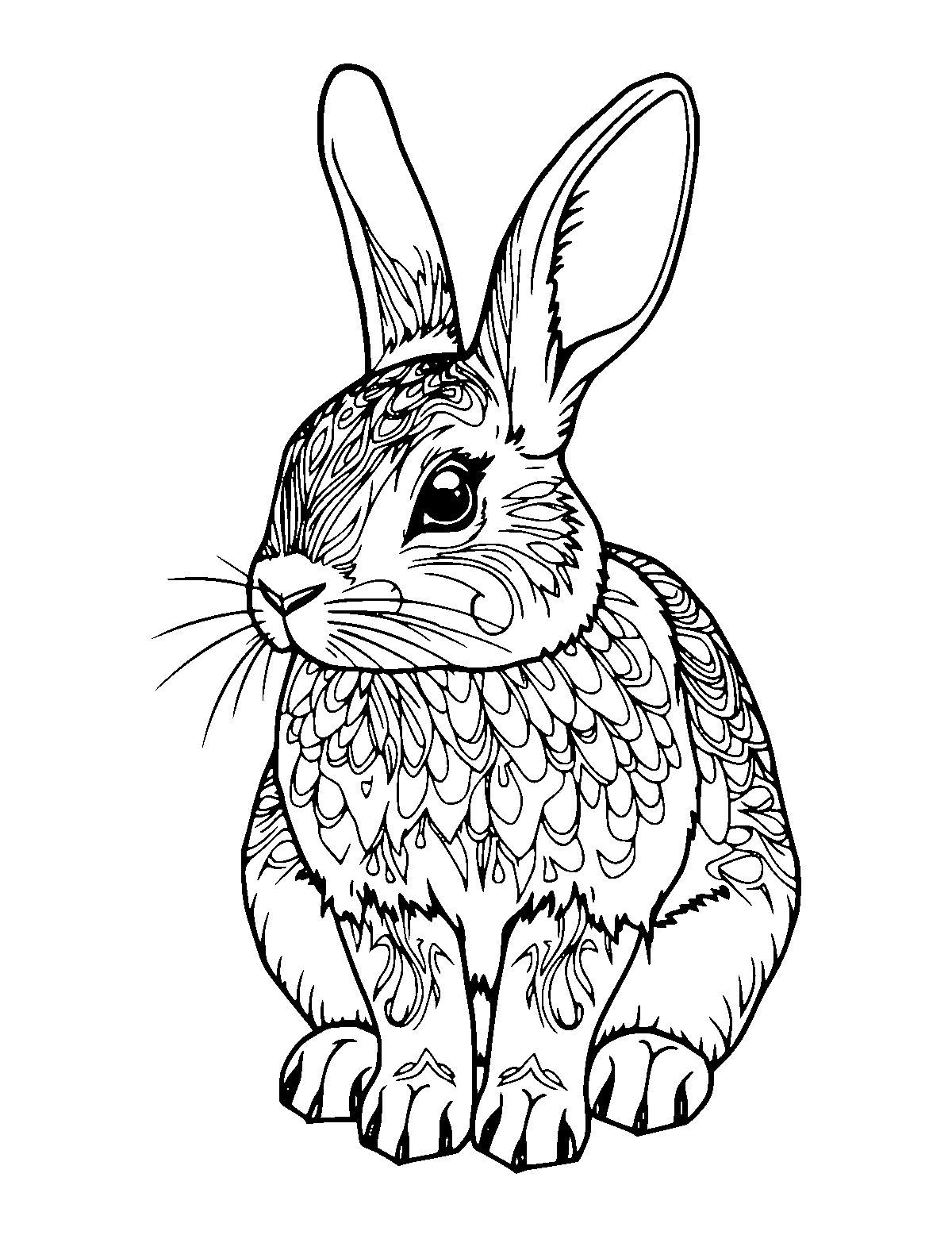 Line-art coloring page of Realistic Rabbit, realistic, medium outlines, centered