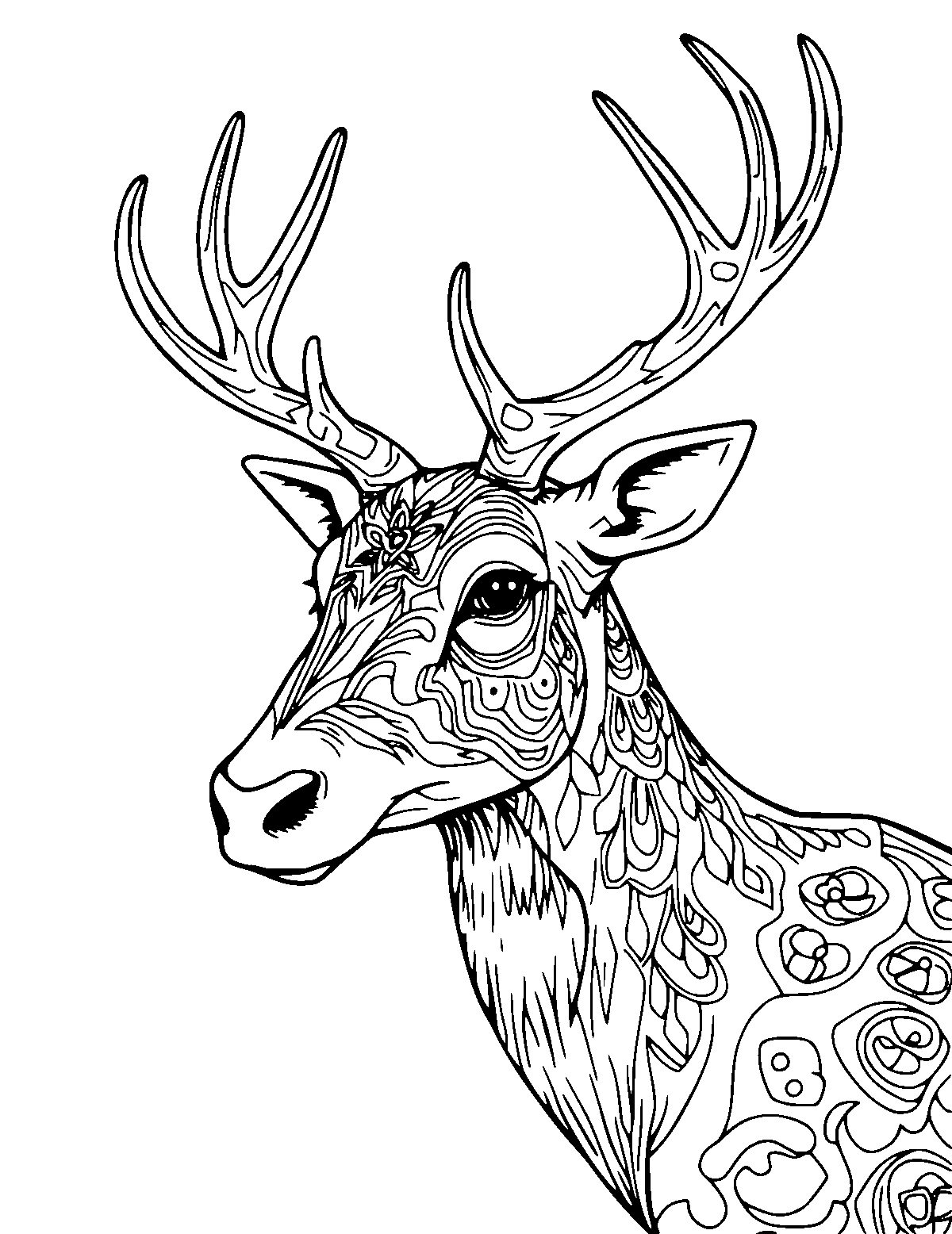 Line-art coloring page of Realistic Reindeer, realistic, medium outlines, centered