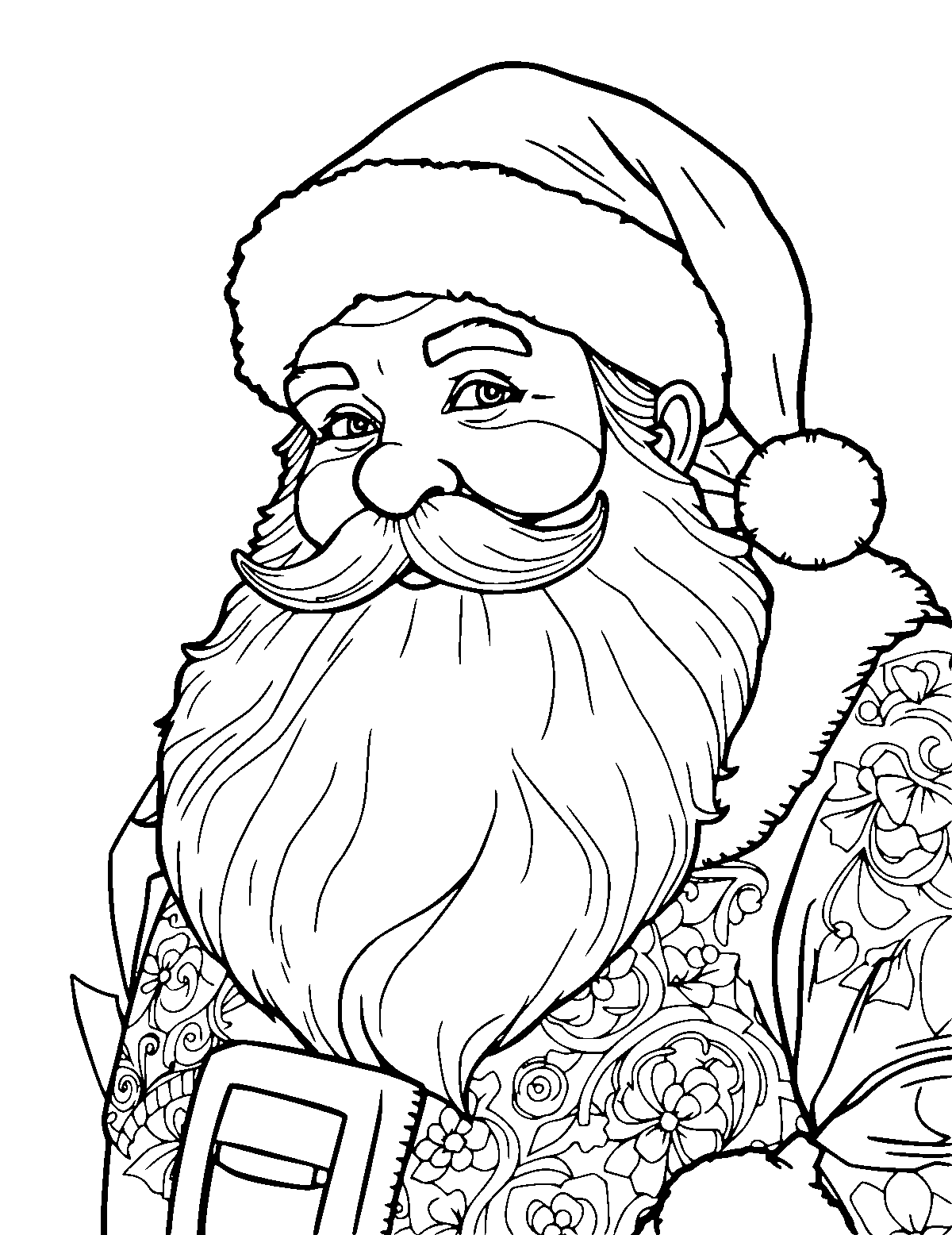 Line-art coloring page of Realistic Santa, realistic, medium outlines, centered