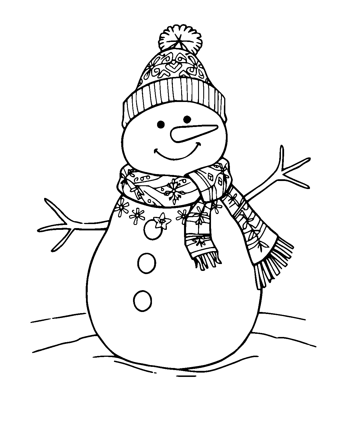 Line-art coloring page of Realistic Snowman, realistic, medium outlines, centered