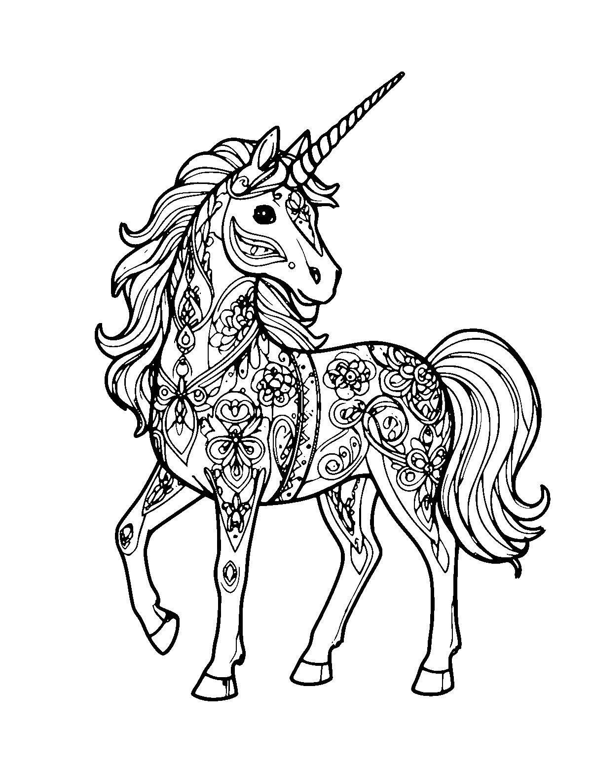 Line-art coloring page of Realistic Unicorn, realistic, medium outlines, centered