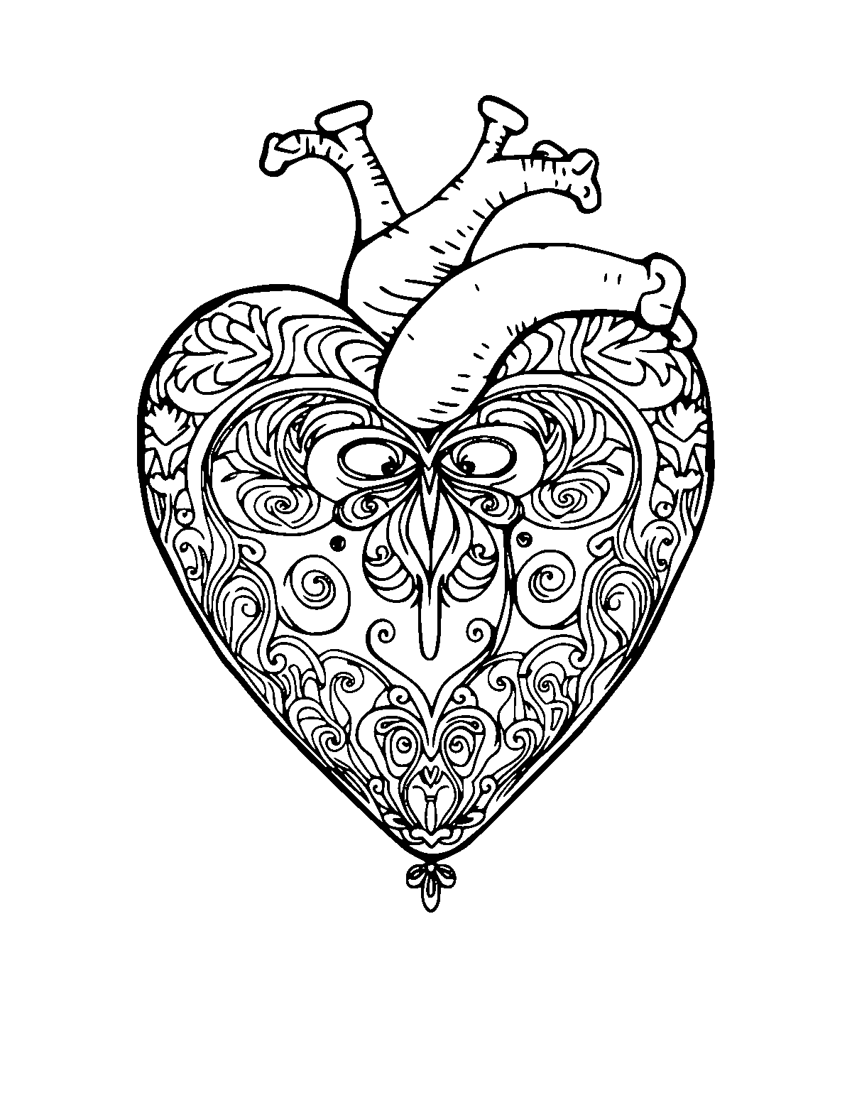 Line-art coloring page of Realistic Valentine Heart, realistic, medium outlines, centered