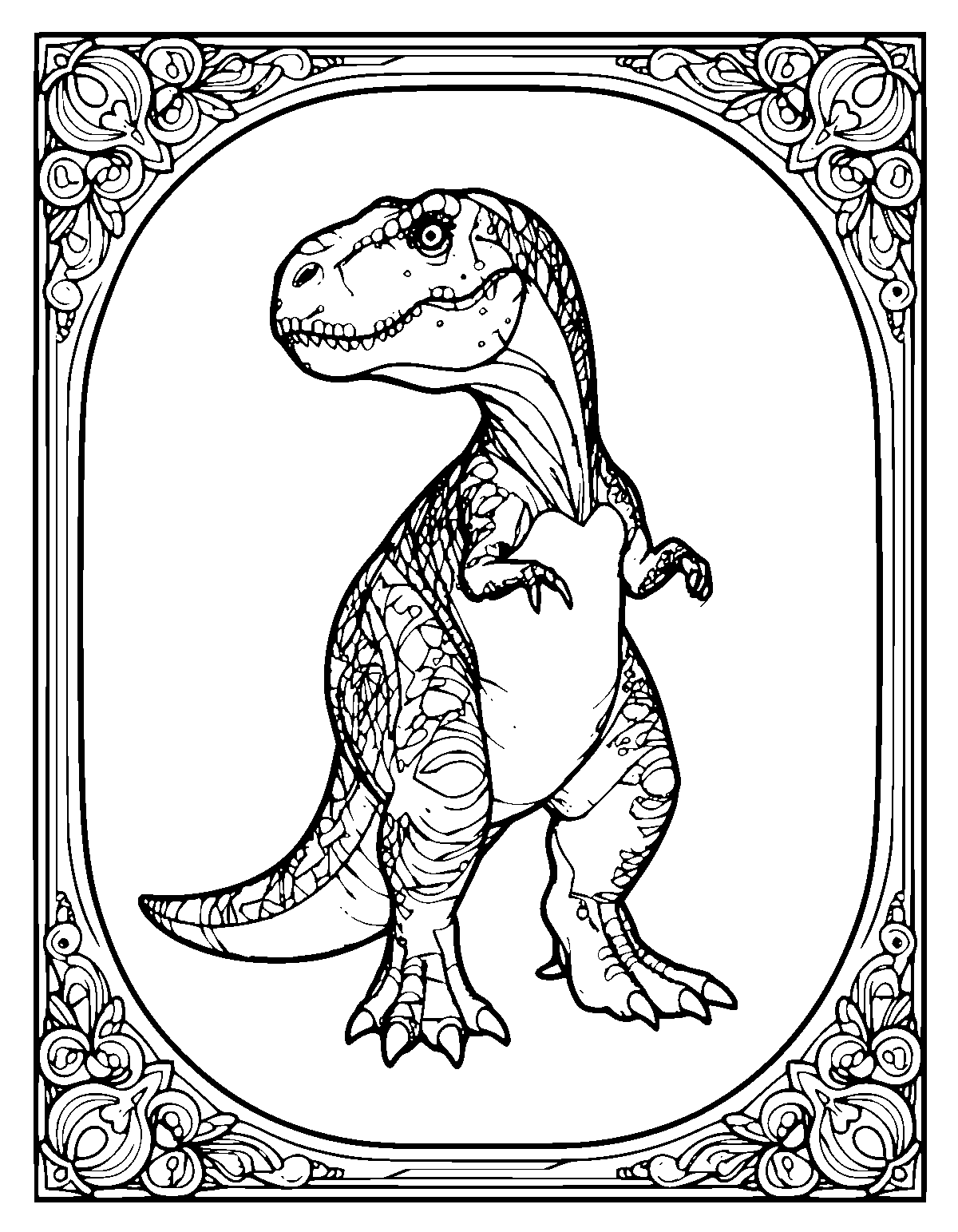 Line-art coloring page of Framed Dinosaur, framed, medium outlines, centered
