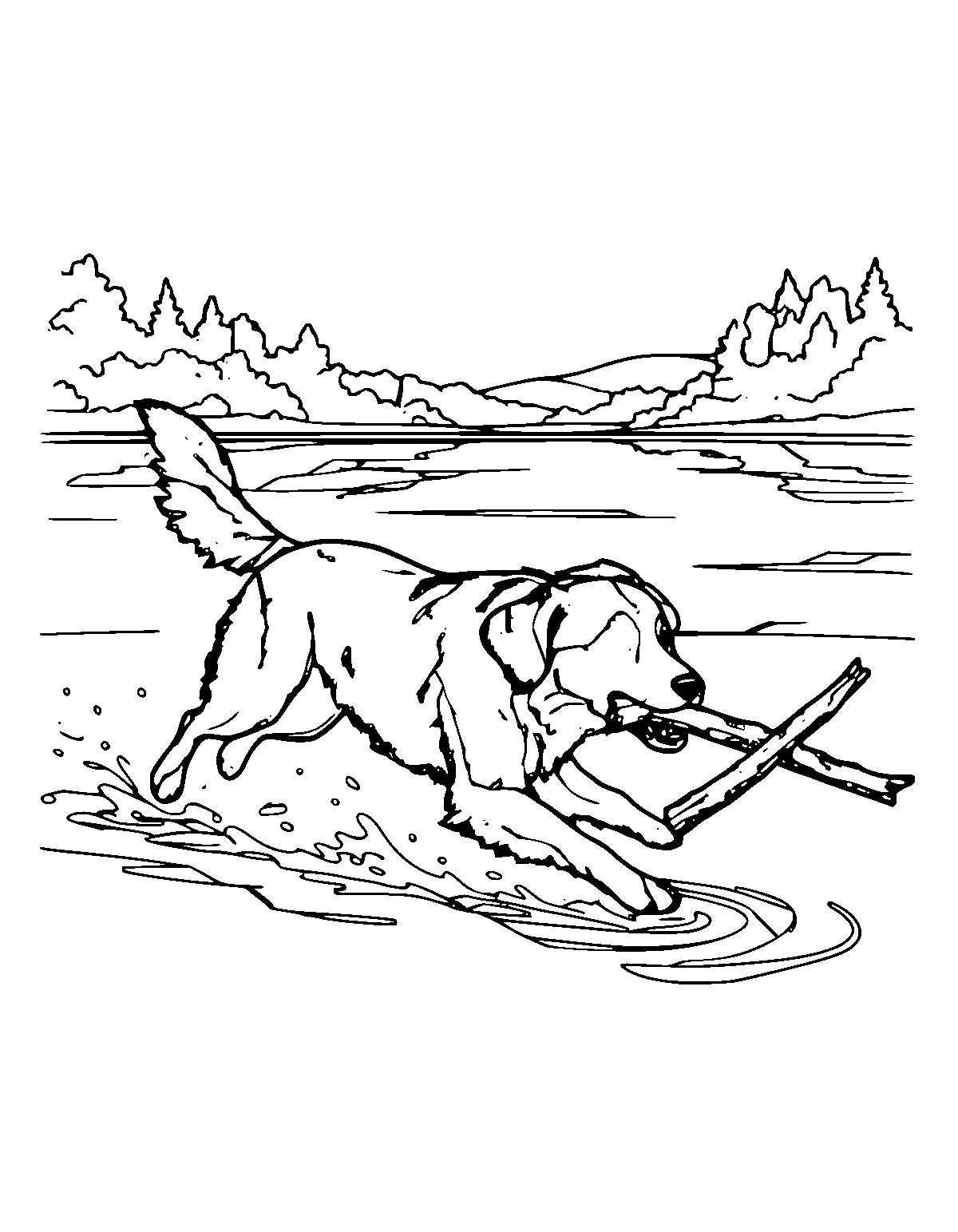 Line-art coloring page of Lakeside Fetch Dog, lakeside fetch, medium outlines, centered