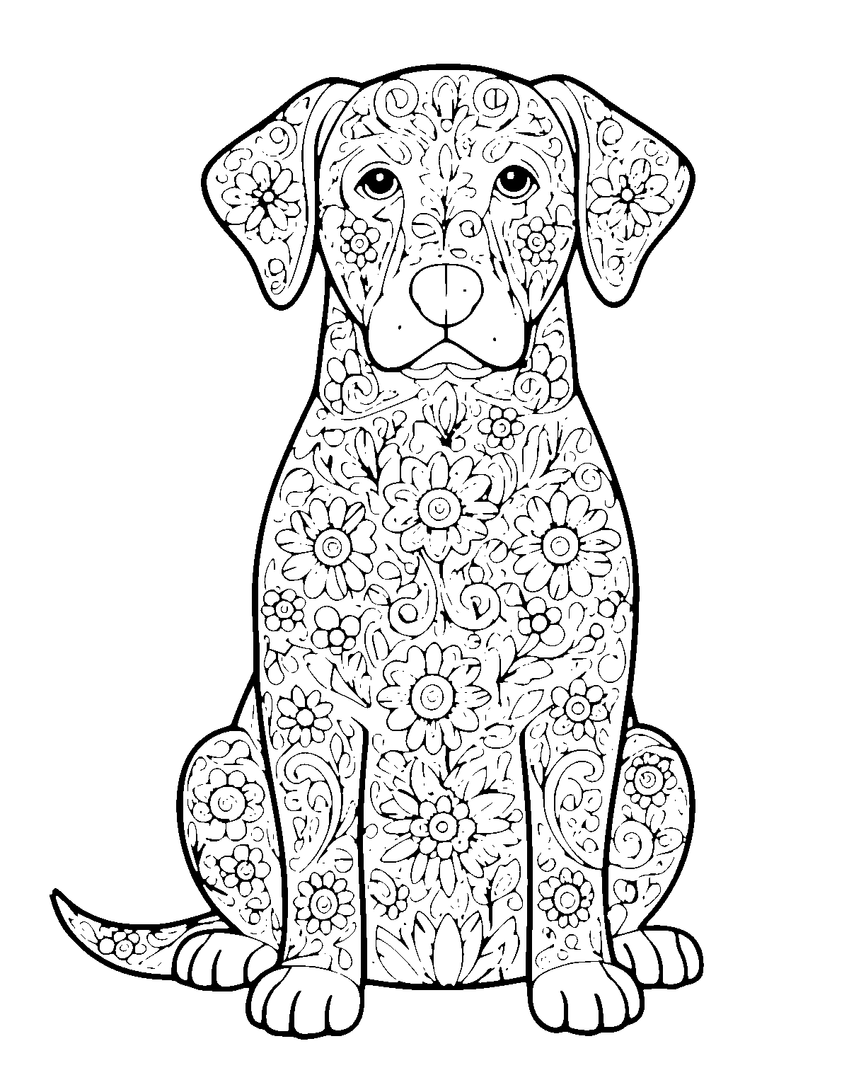 Line-art coloring page of Folk Art Dog, folk art, fine outlines, centered