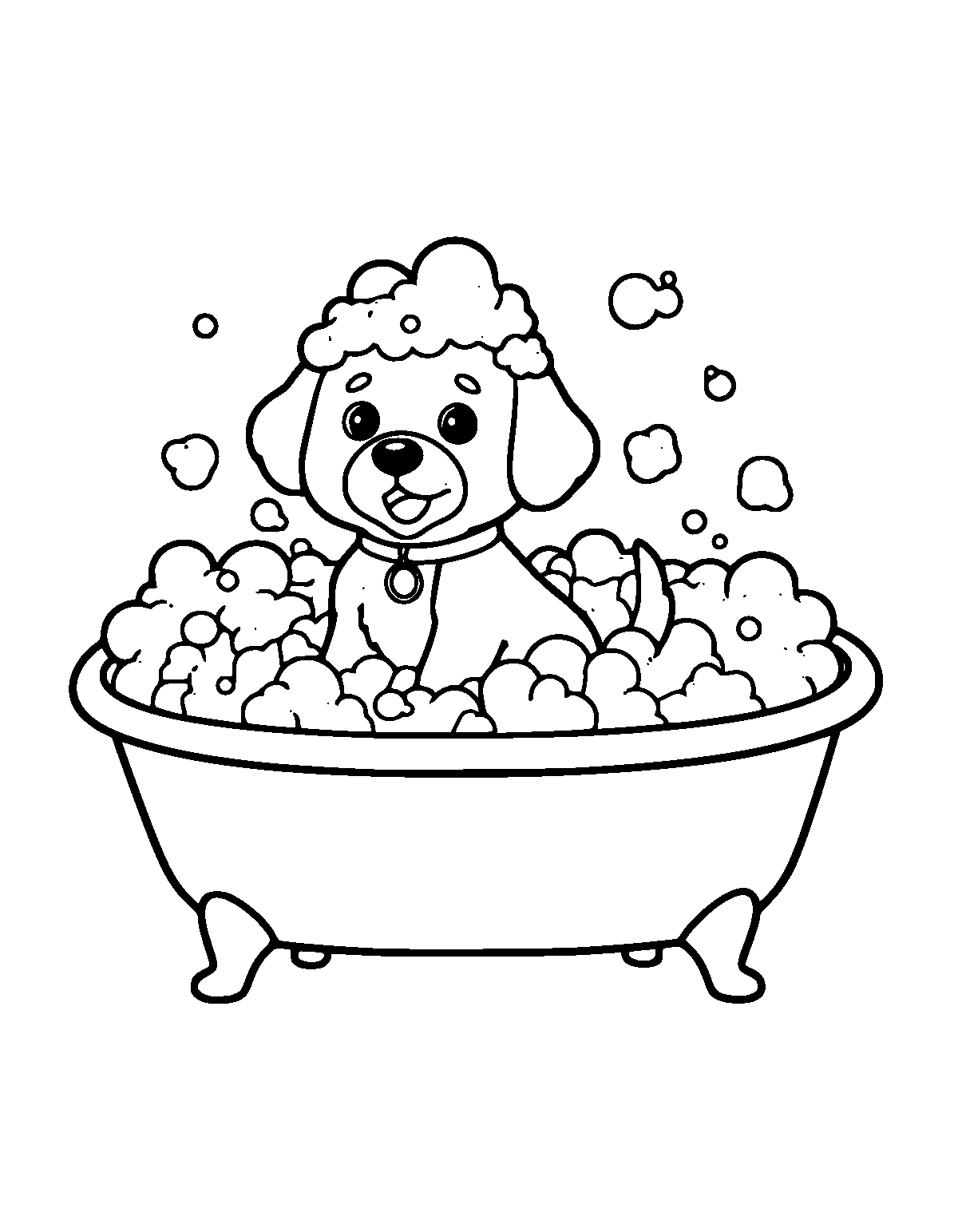 Line-art coloring page of Bath Time Dog, bath time, medium outlines, centered