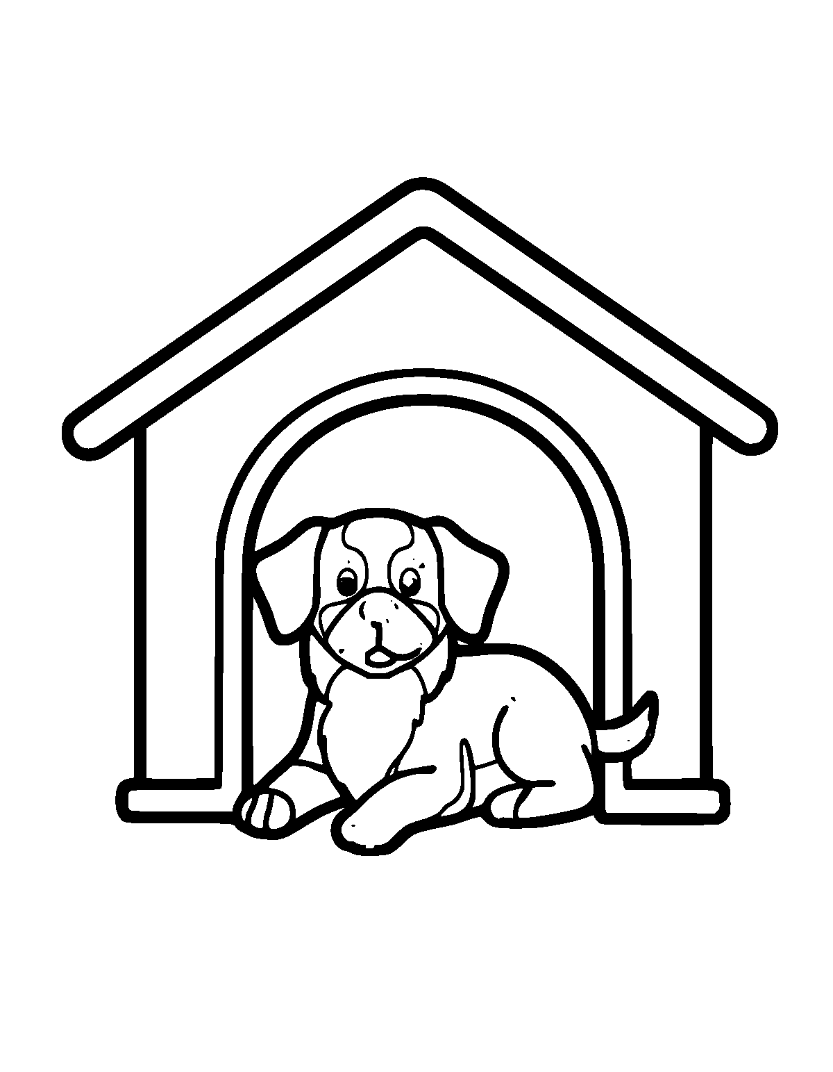 Line-art coloring page of Doghouse Dog, doghouse, thick outlines, centered