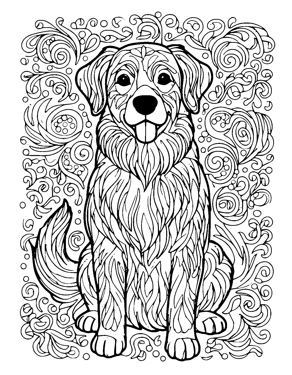Line-art coloring page of Decorative Dog, decorative, medium outlines, centered