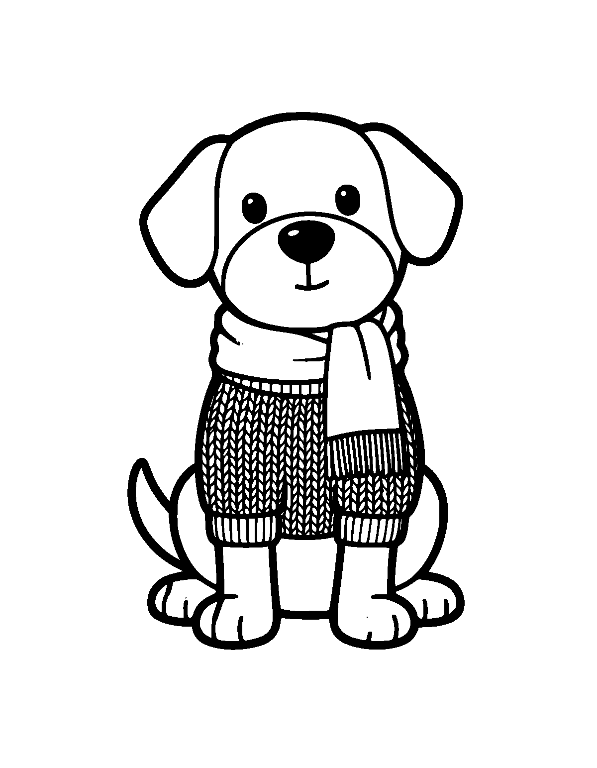 Line-art coloring page of Cozy Sweater Dog, cozy sweater, thick outlines, centered