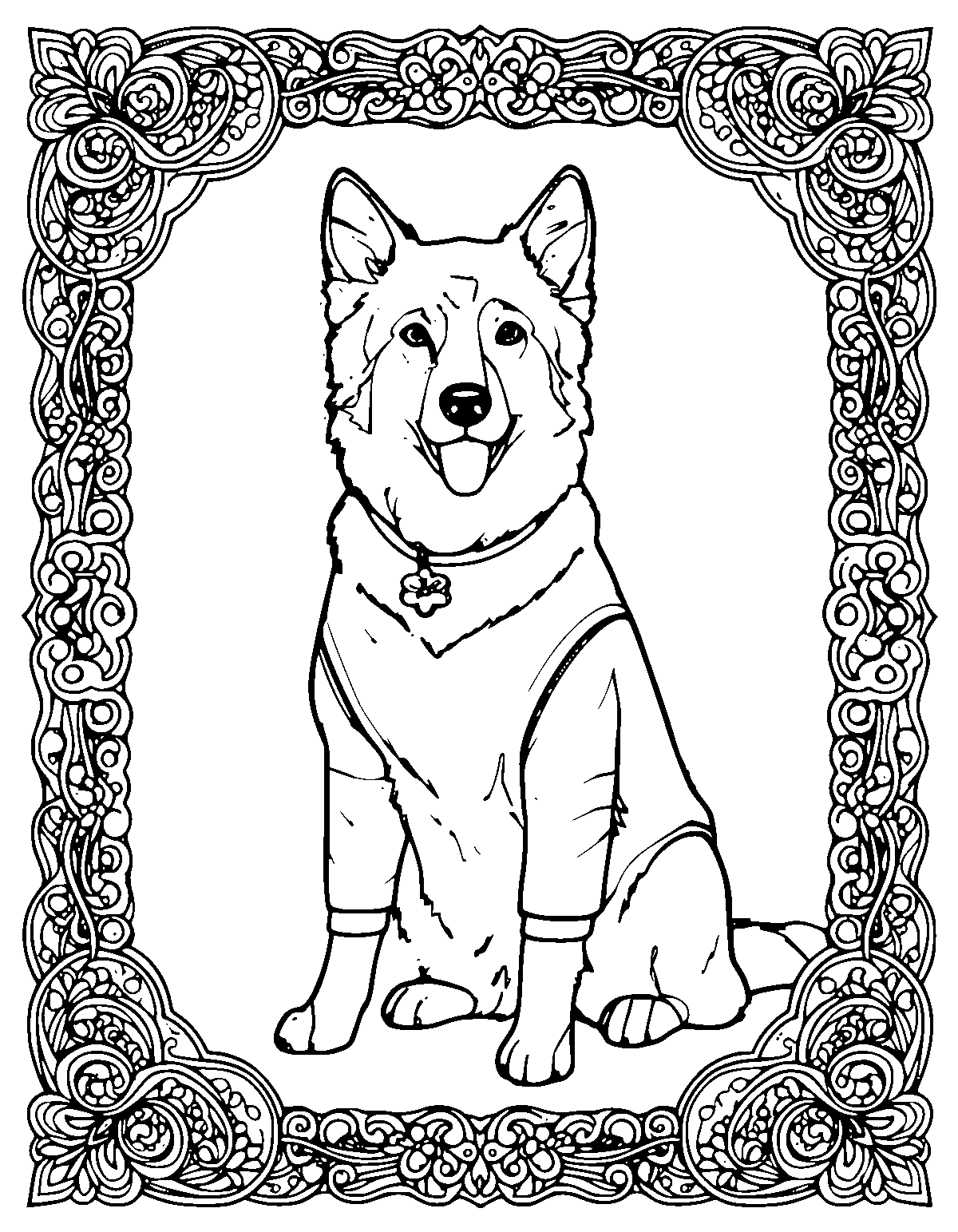 Line-art coloring page of Framed Dog, framed, medium outlines, centered