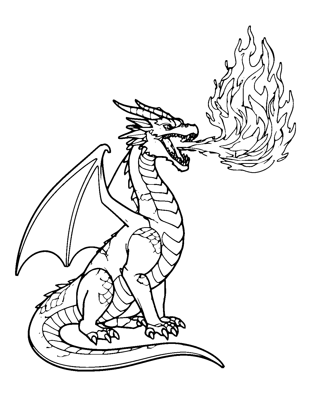 Line-art coloring page of Fire Breathing Dragon, fire breathing, medium outlines, centered