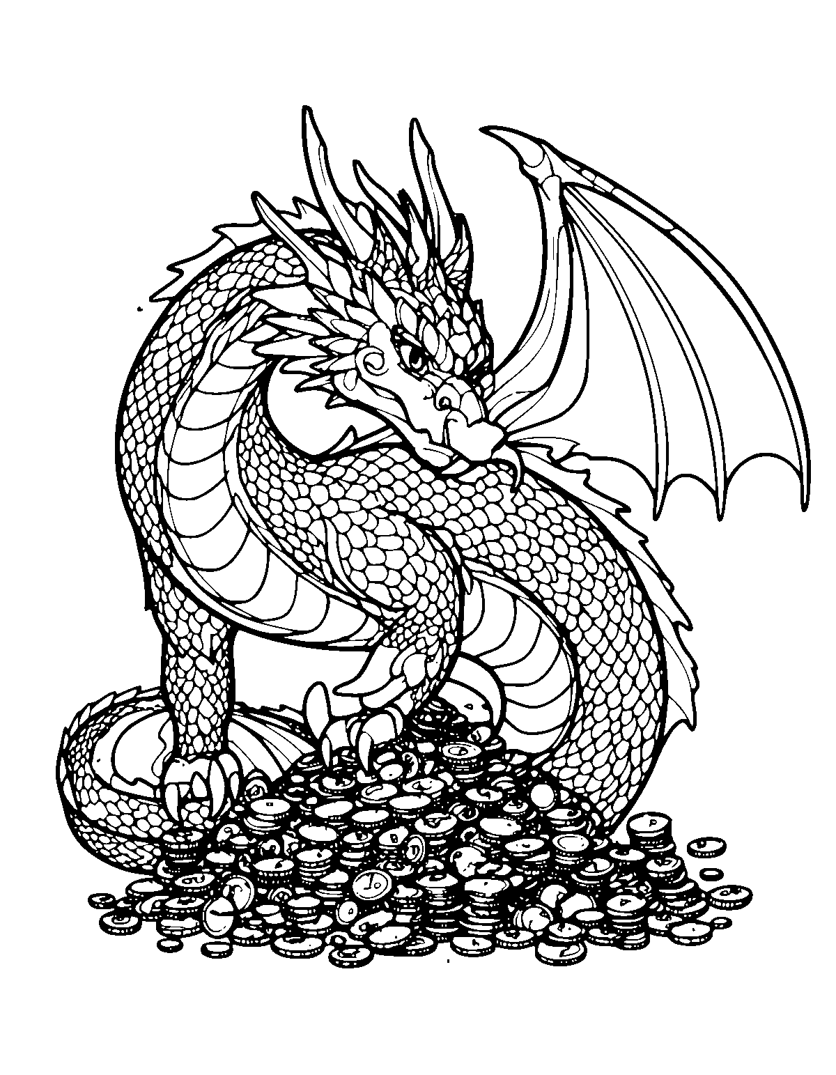 Line-art coloring page of Treasure Hoard Dragon, treasure hoard, medium outlines, centered